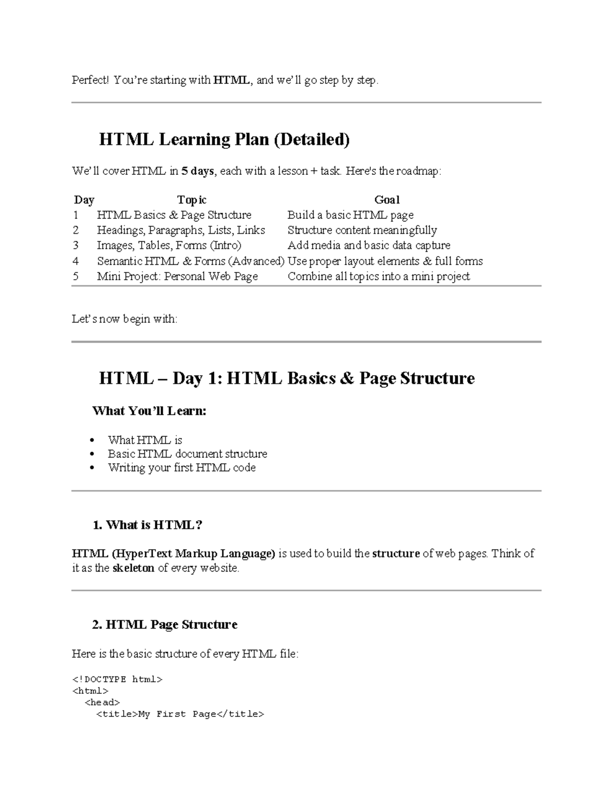 HTML Learning Plan: 5-Day Journey to Mastering HTML Basics - Studocu