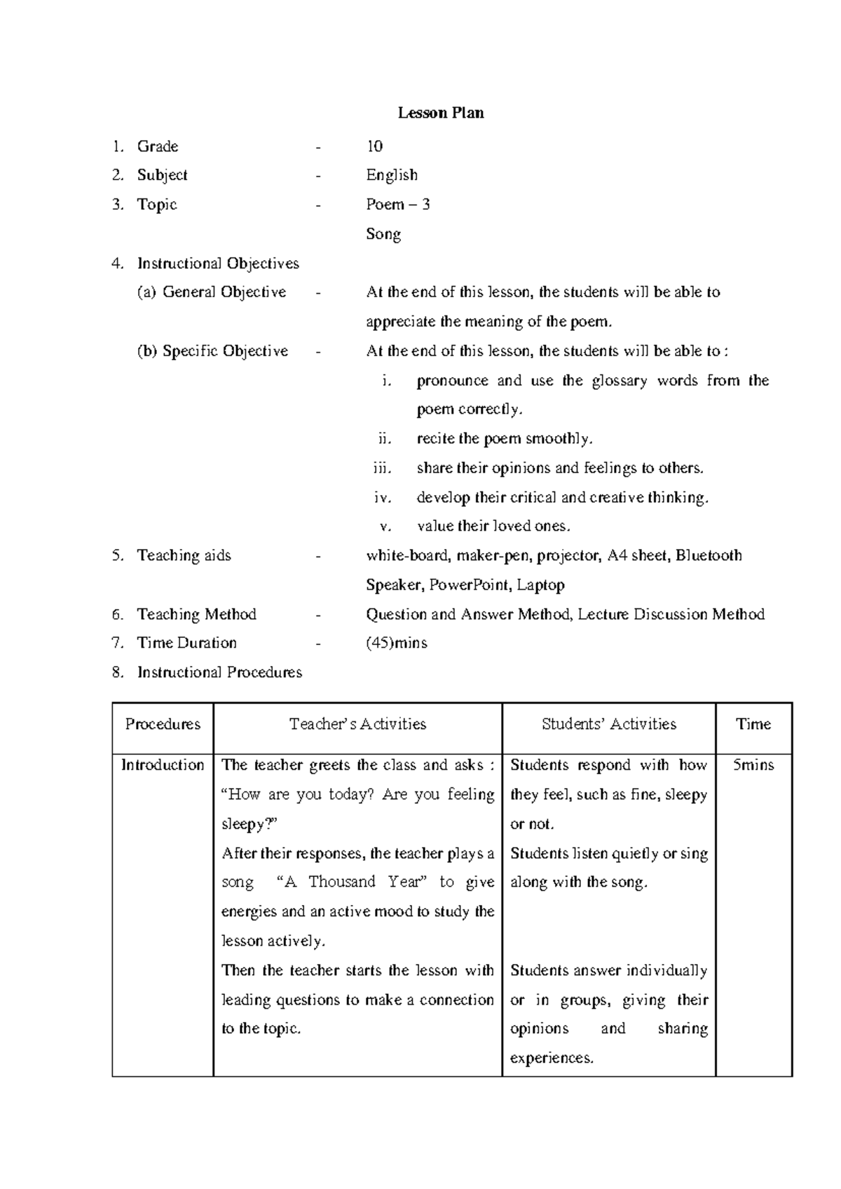 Lesson Plan: Poem Appreciation for Grade 10 English - Studocu