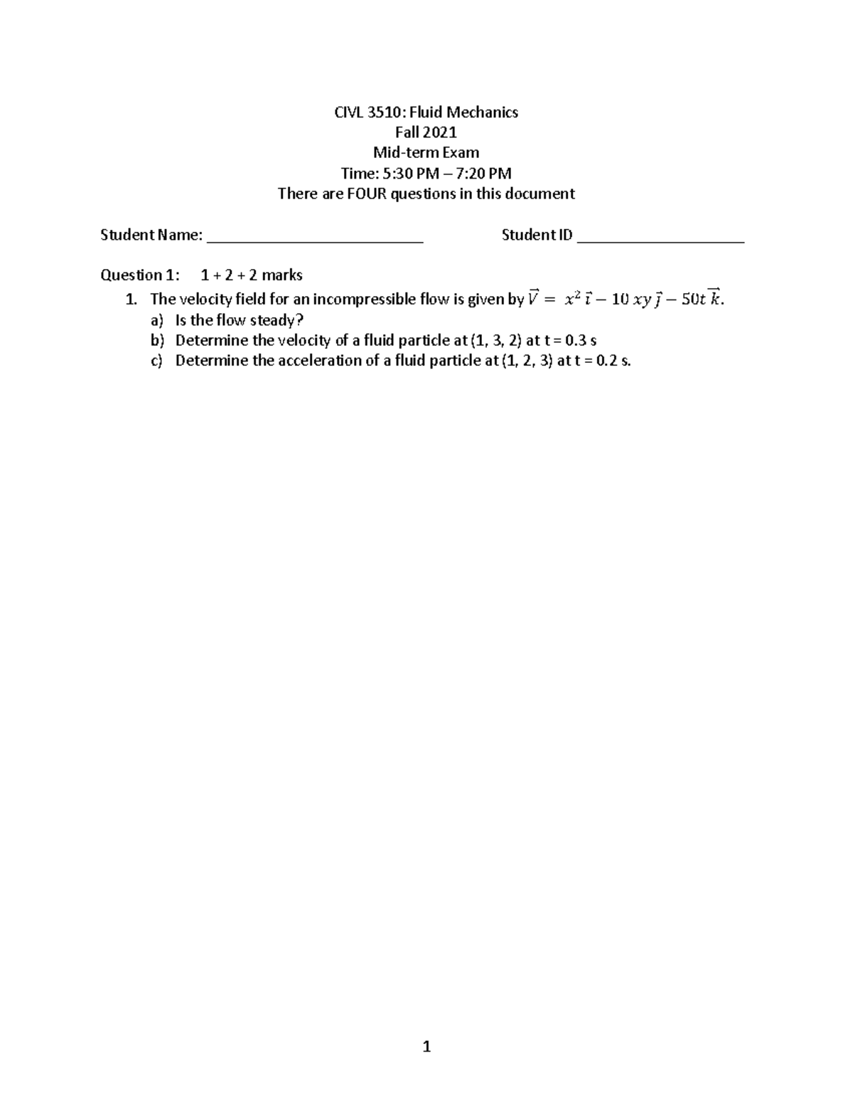 CIVL 3510: Fluid Mechanics Fall 2021 Midterm Exam Questions - Studocu