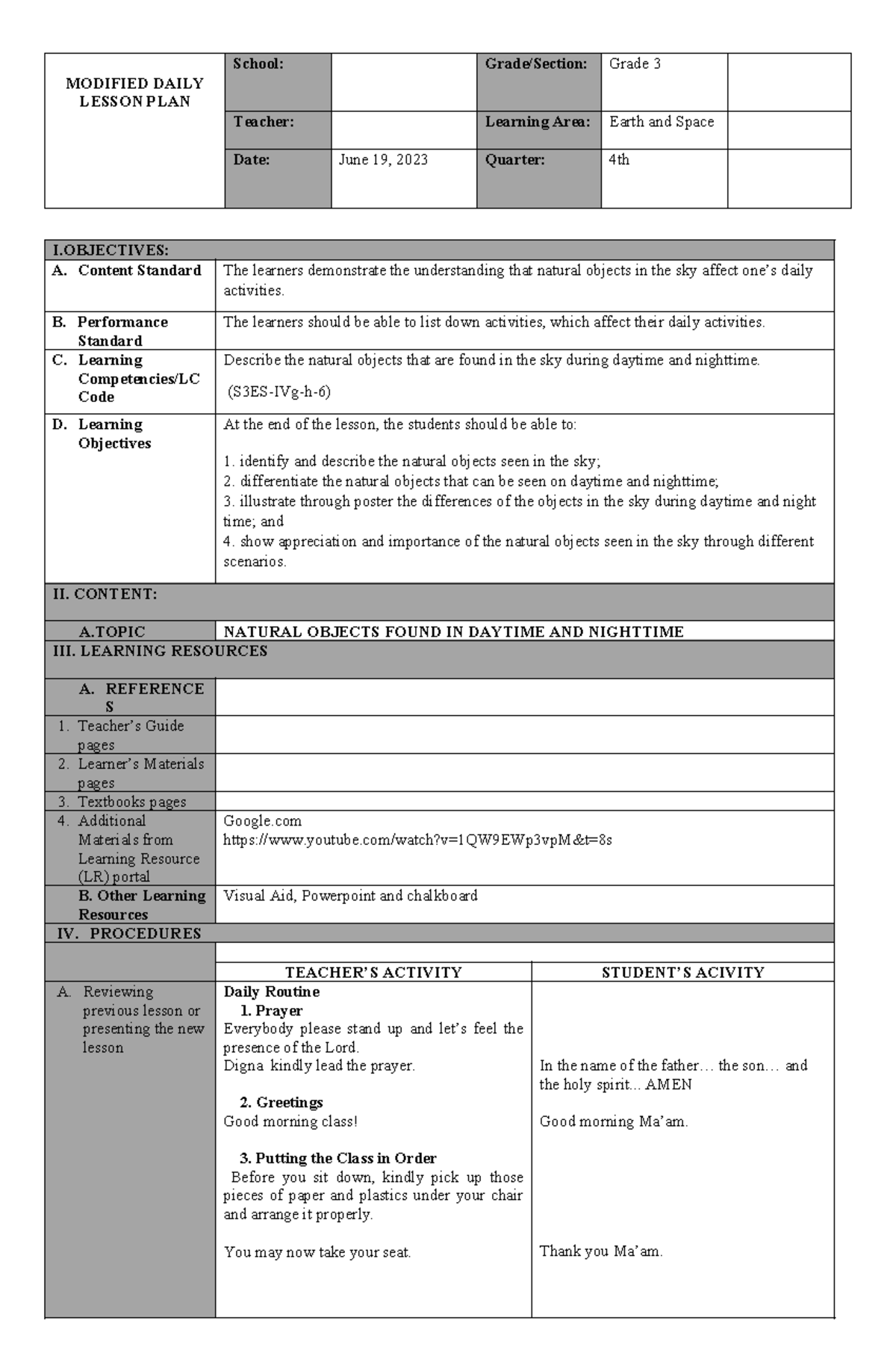 Final-LP - Earth and Space Lesson Plan for Grade 3 - Studocu