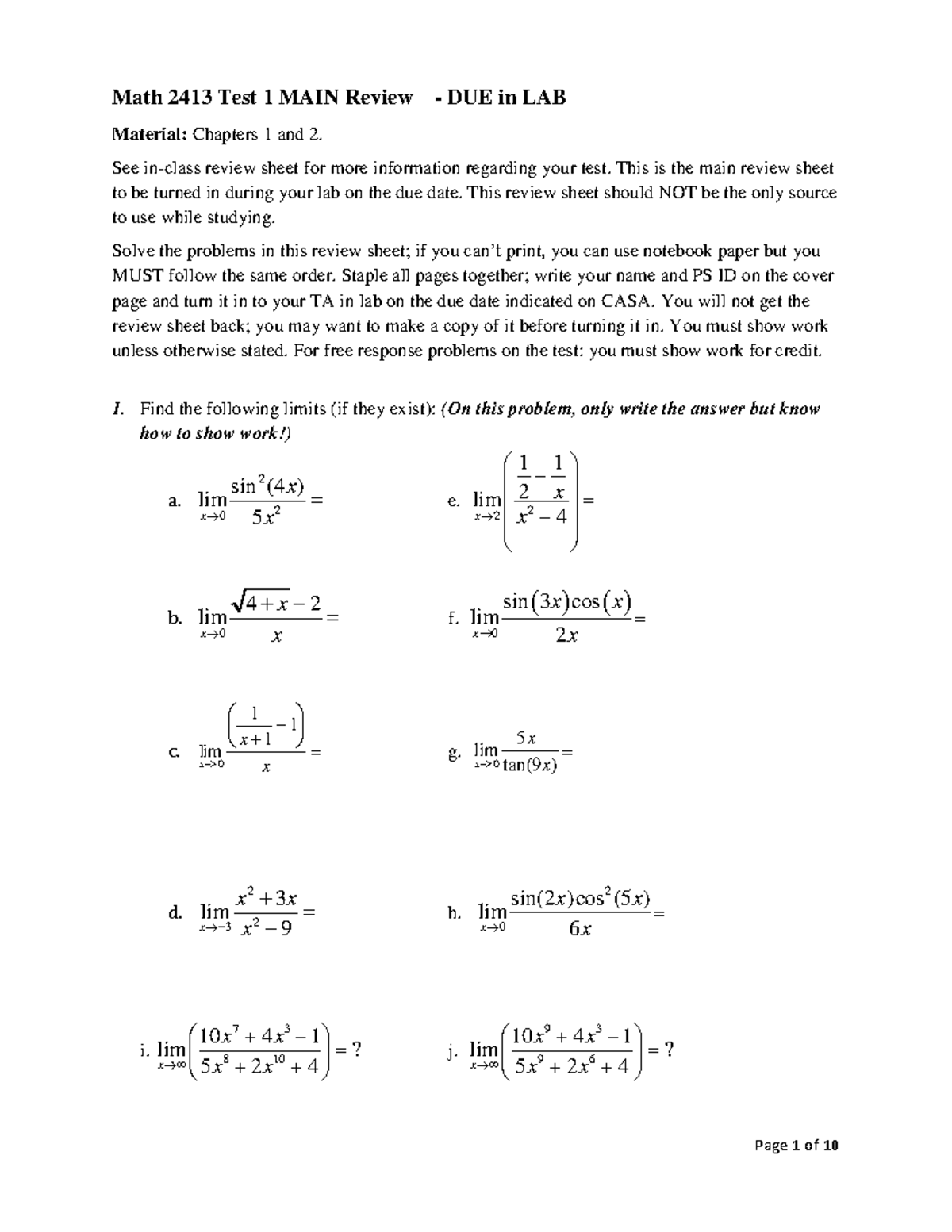 Math 2413 Test 1 Main Review: Chapters 1 & 2 Study Guide - Studocu