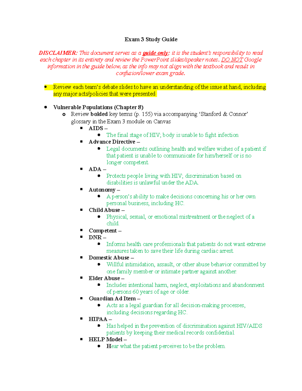Exam 3 Study Guide copy - Exam 3 Study Guide DISCLAIMER: This document ...