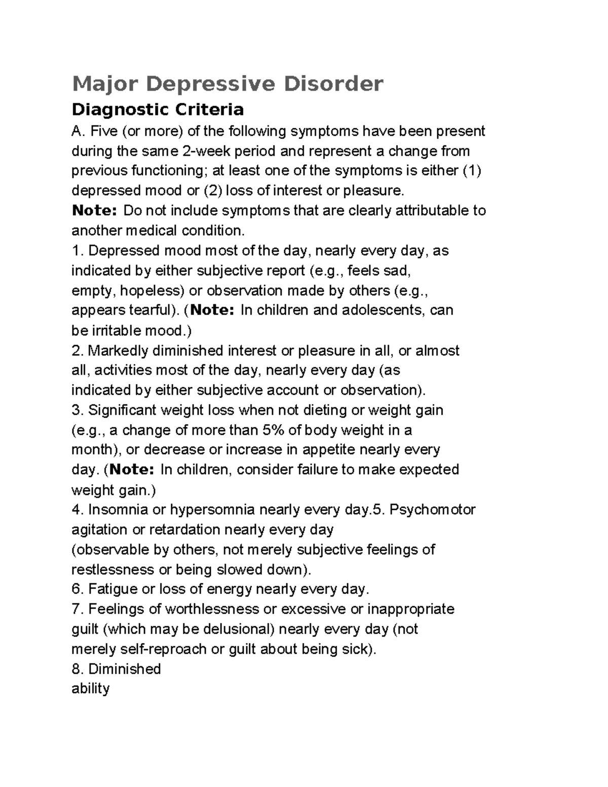 MDD Diagnostic Criteria: Major Depressive Disorder Overview - Studocu