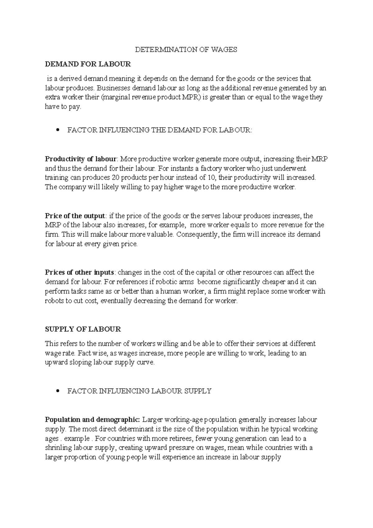Labour Demand and Supply Analysis: Factors Influencing Wages - Studocu