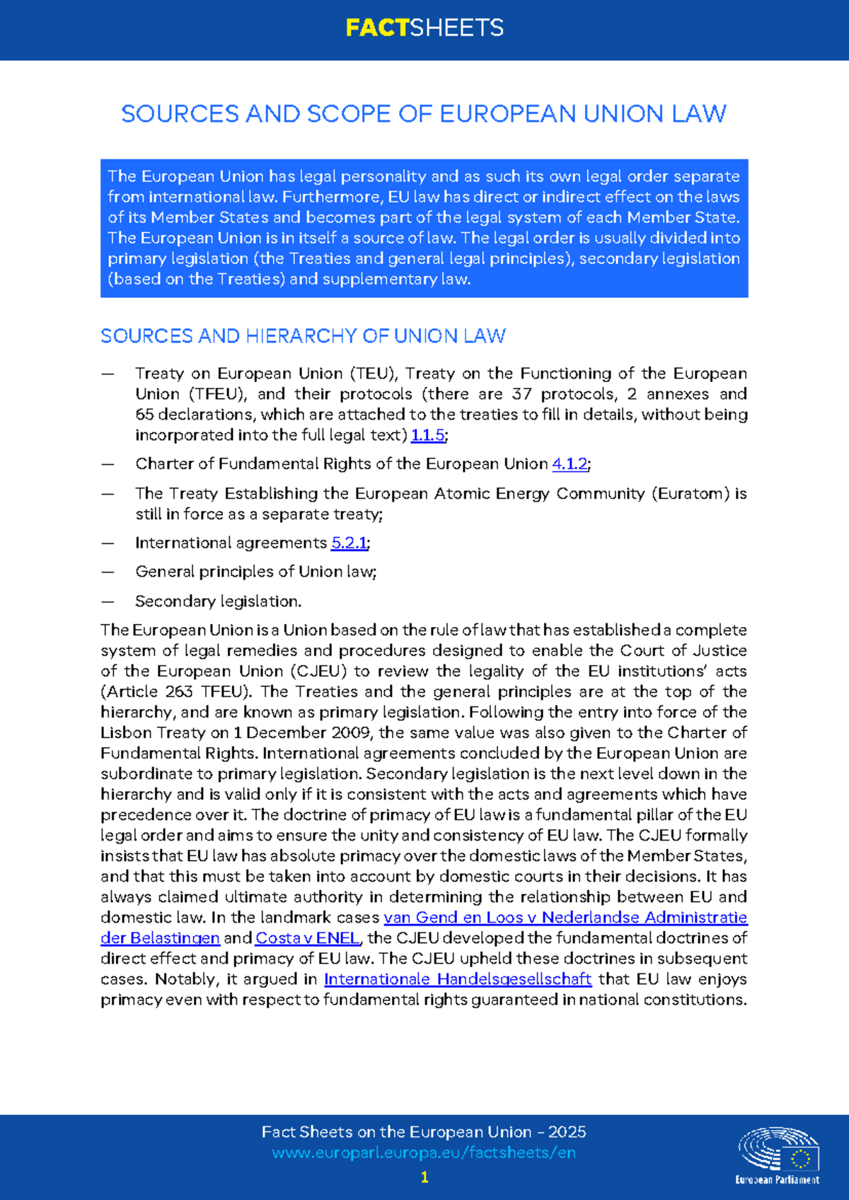 FTU 1 - Sources and Scope of EU Law: A Comprehensive Overview - Studocu