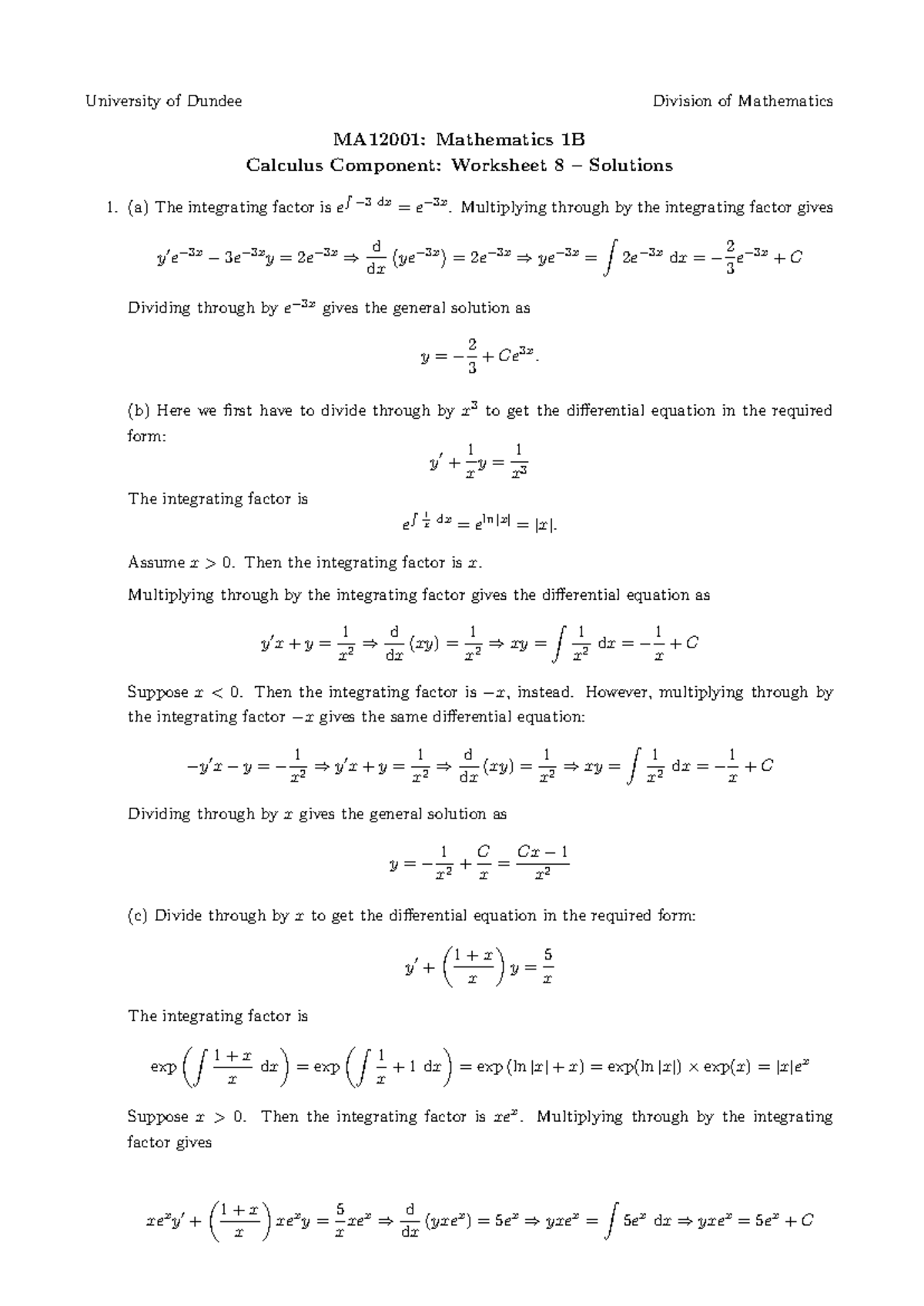 MA12001 Calculus Worksheet 8 Solutions - University of Dundee Division ...