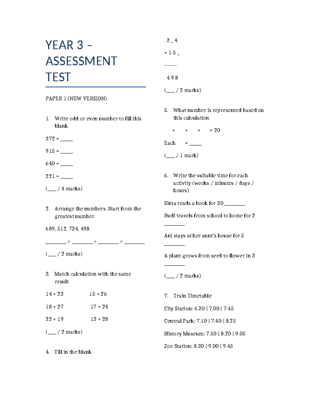 Year 3 Math Assessment Test Paper 1 (New Version) - Studocu
