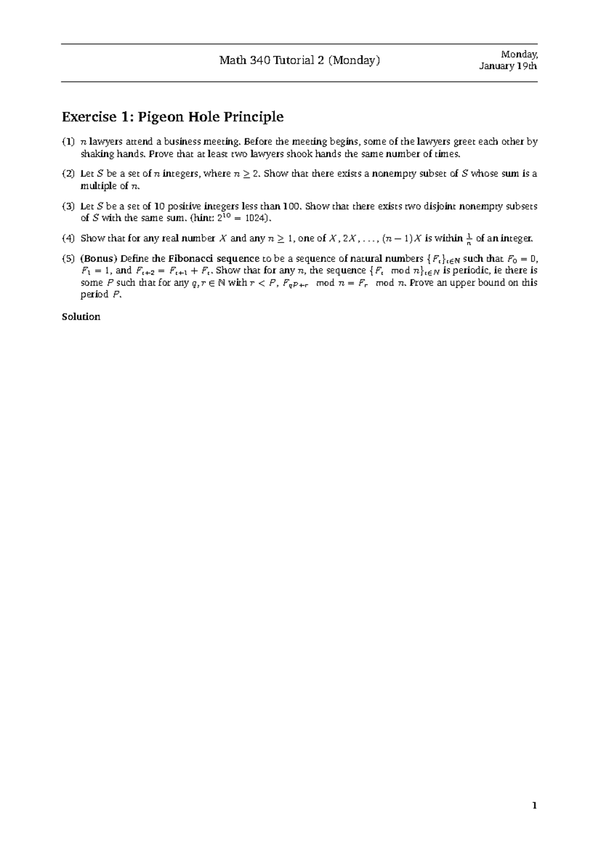 MATH 340 Tutorial 2: Pigeon Hole Principle & Subset Sums - Studocu