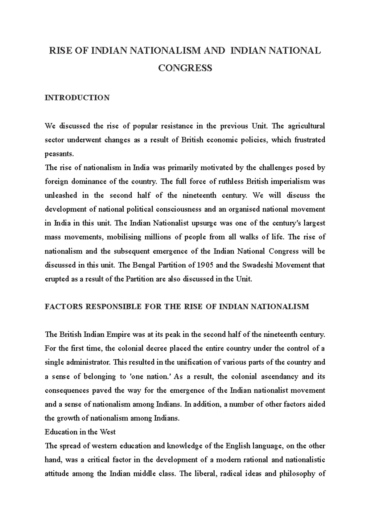 RISE OF Indian Nationalism AND Indian National Congress - RISE OF ...