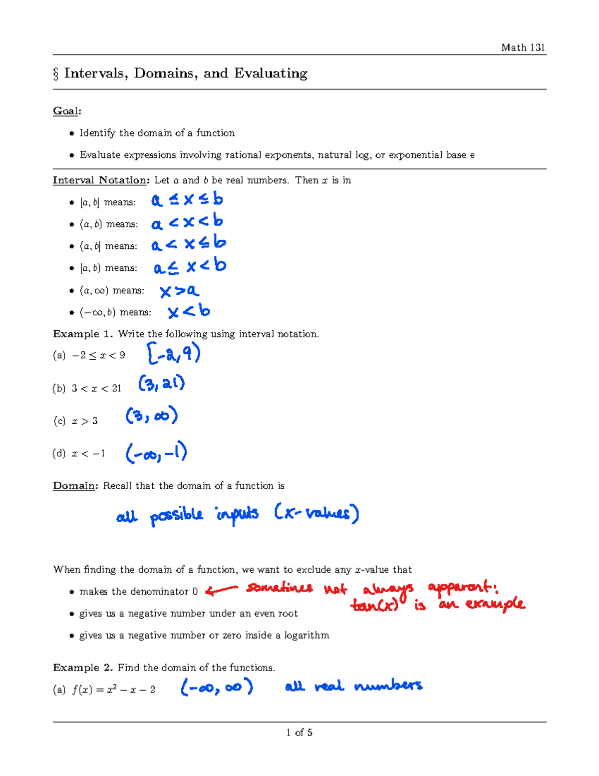 Math 131: Guide to Intervals, Domains, and Evaluating Expressions - Studocu