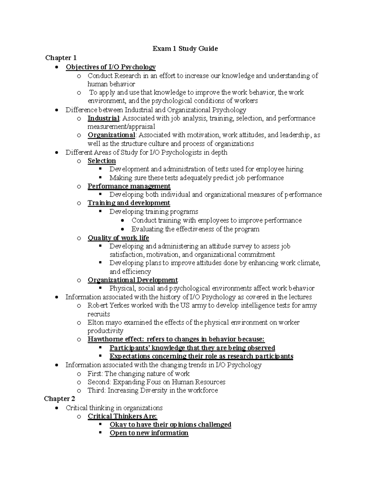 I/O Psychology 101: Exam 1 Study Guide on Key Concepts & Trends - Studocu