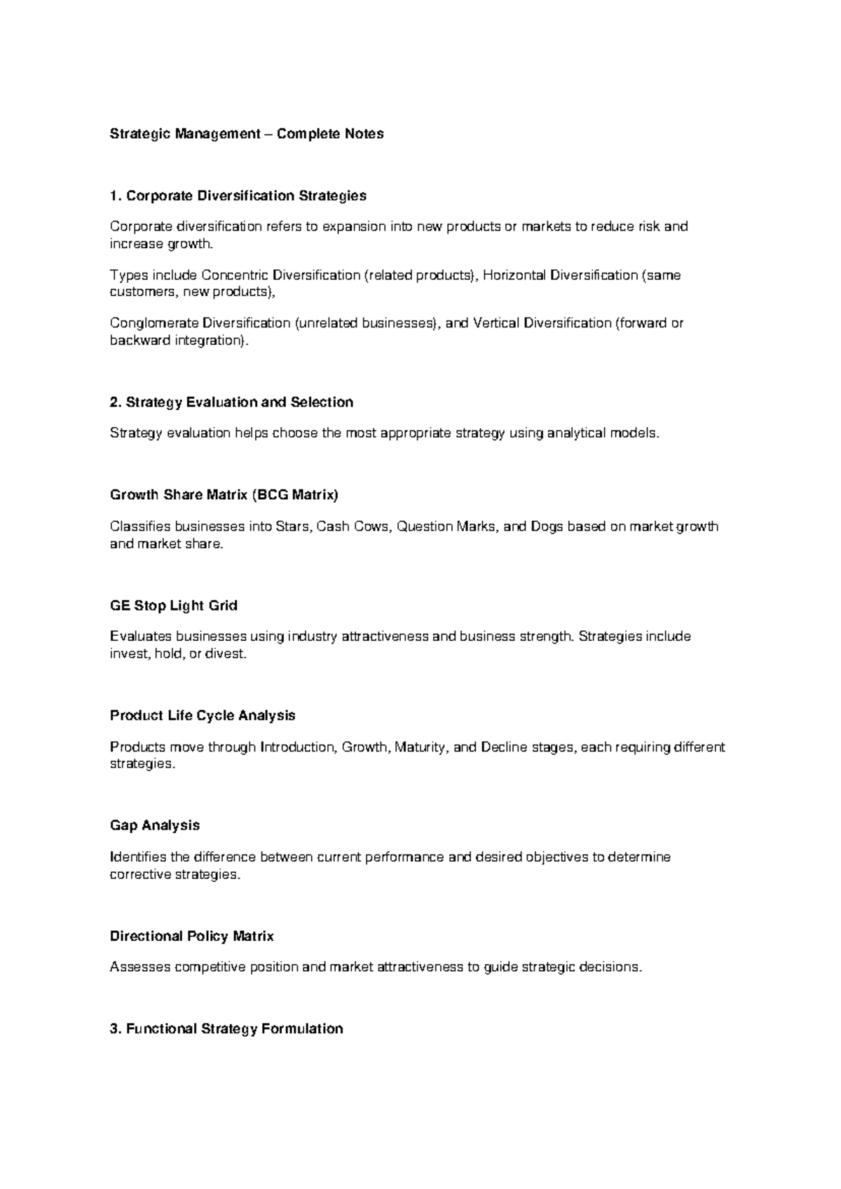 Strategic Management Notes: Corporate Diversification & Evaluation ...