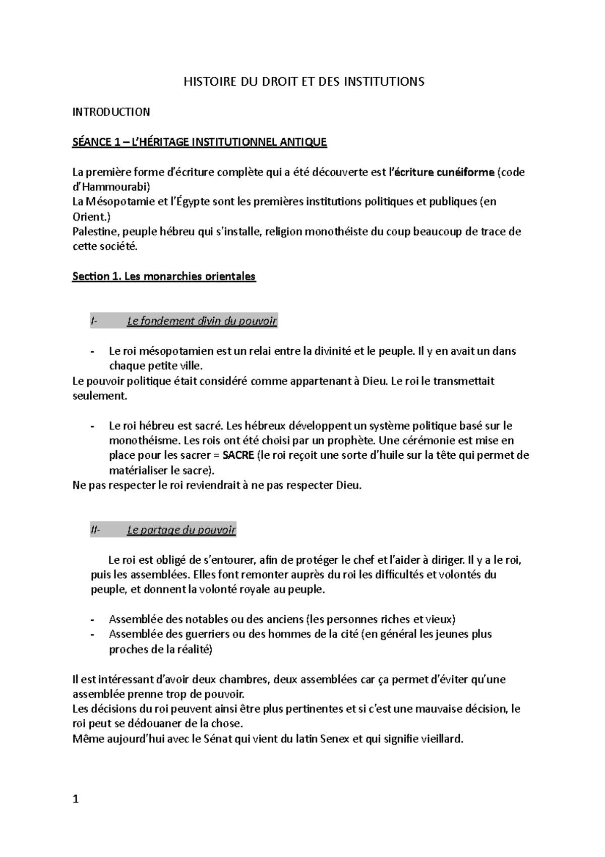 HISTOIRE DU DROIT ET DES INSTITUTIONS - Cours S1 Complet - Studocu