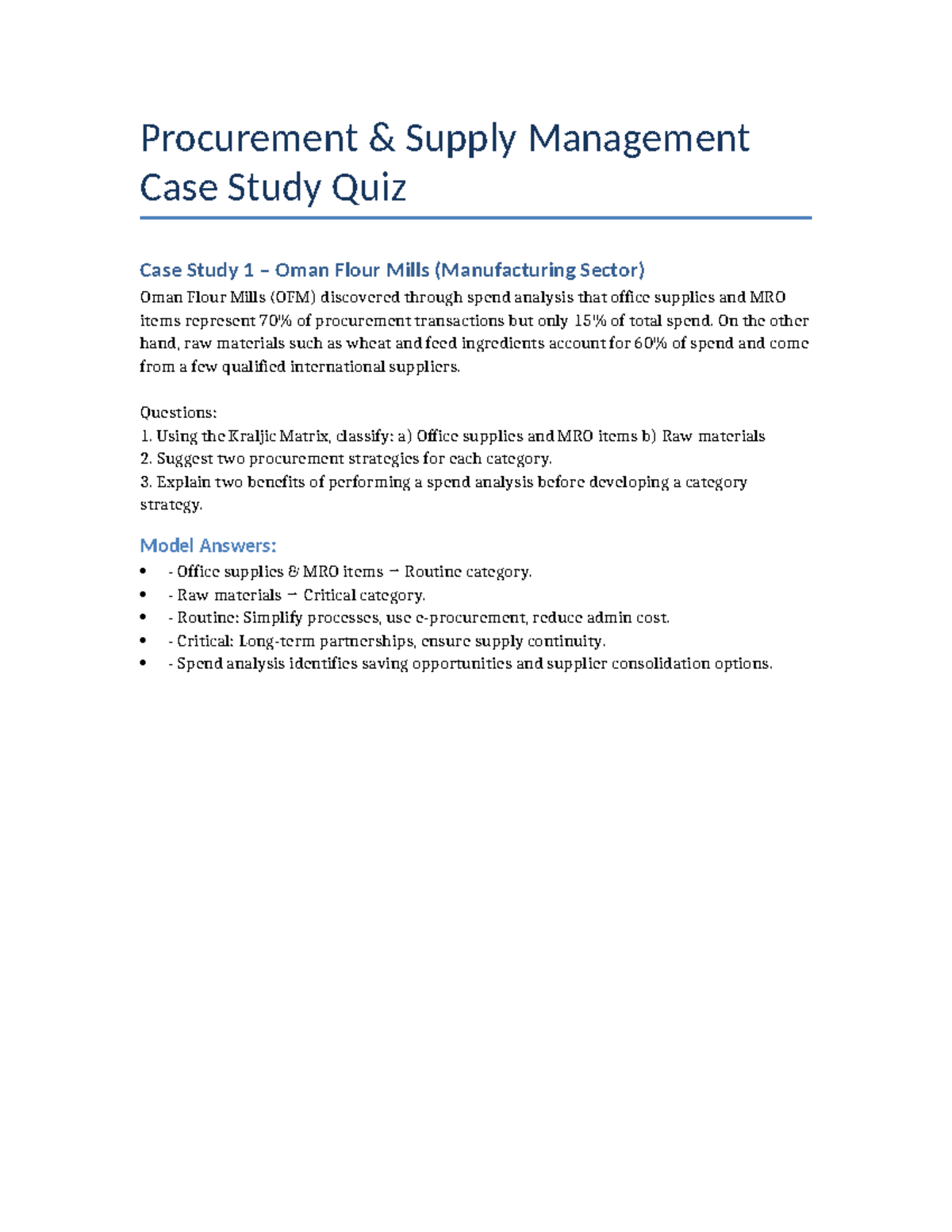 Procurement Case Study Quiz: Strategies & Analysis (Course Code: SCM101 ...