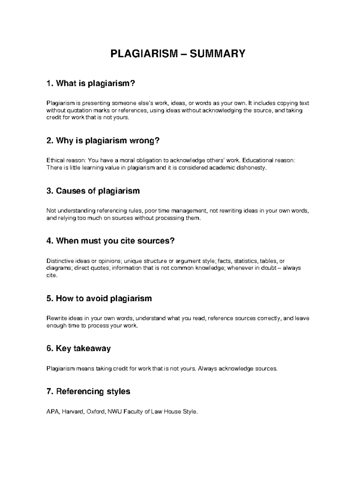 SU 1 - Plagiarism Summary and Avoidance Strategies - Studocu