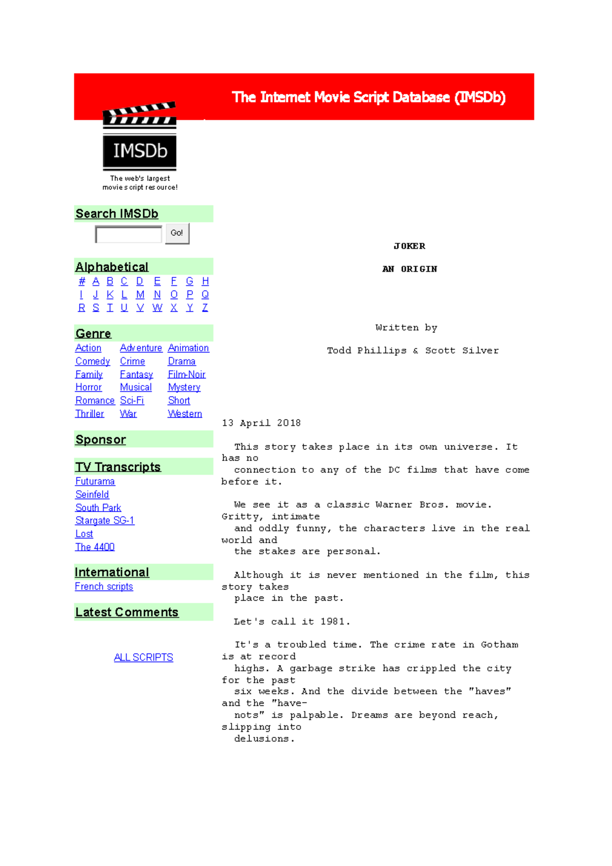 The Internet Movie Script Database (IMSDb) Overview and Analysis - Studocu