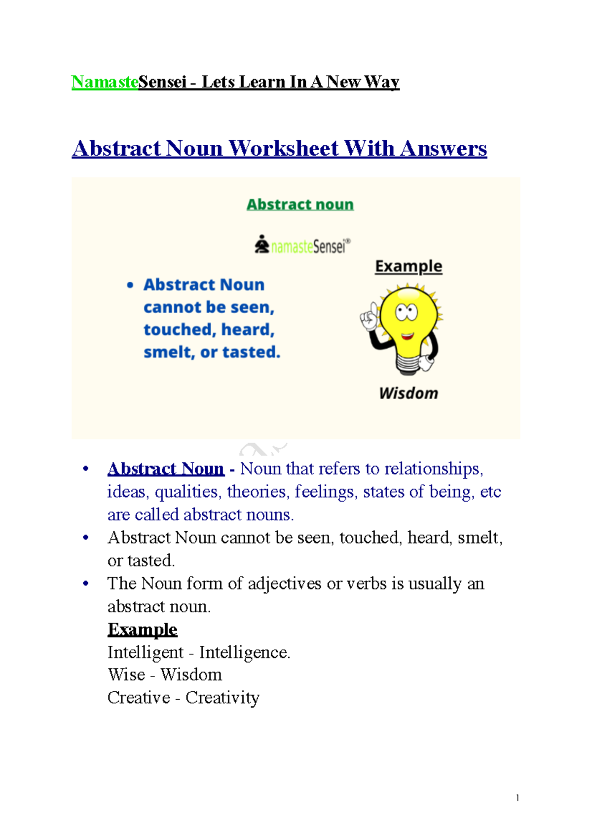 Abstract Noun Examples In Sentences With Answers