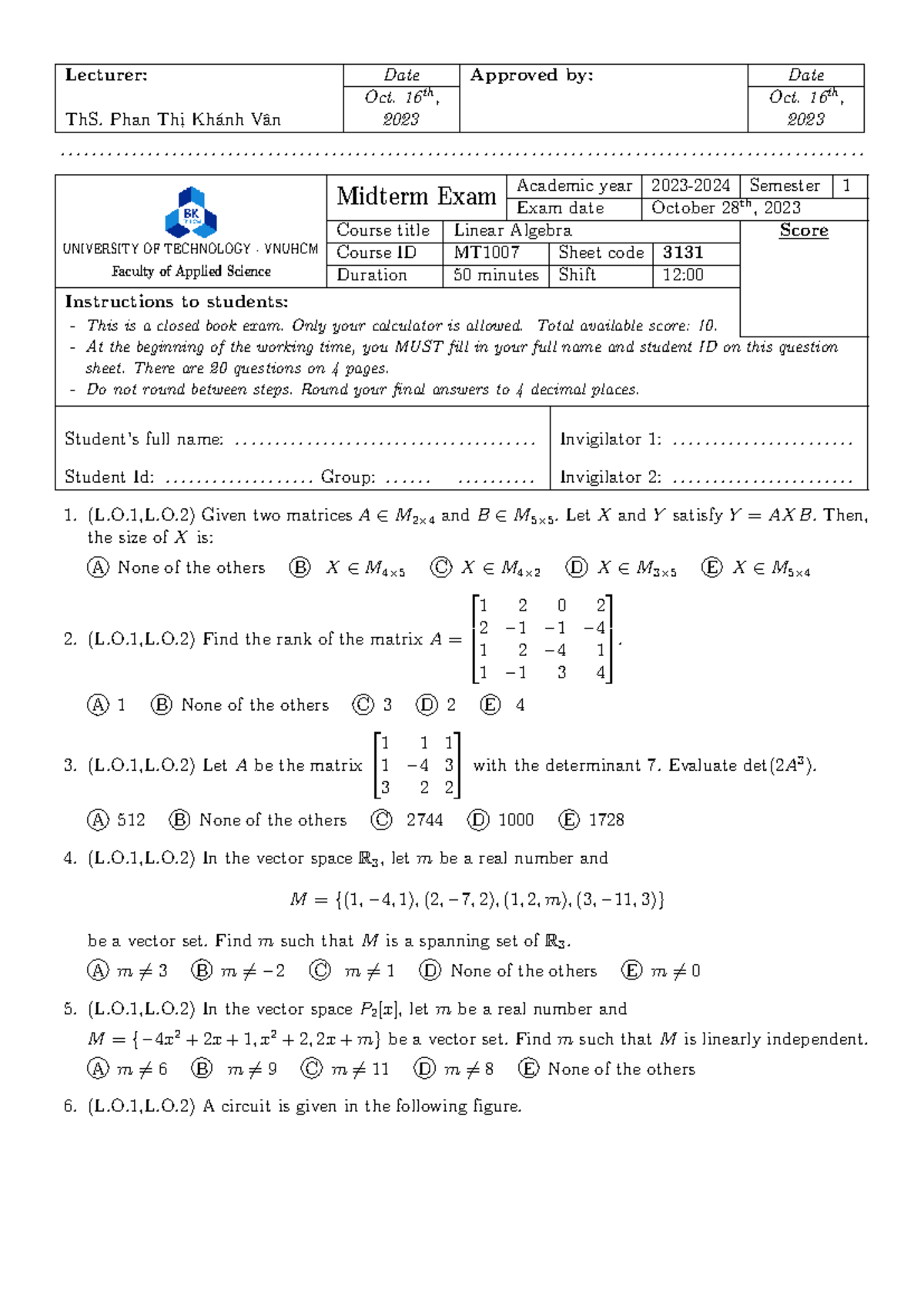 Midterm Exam MT1007 - Linear Algebra (Semester 1, 2023) - Studocu