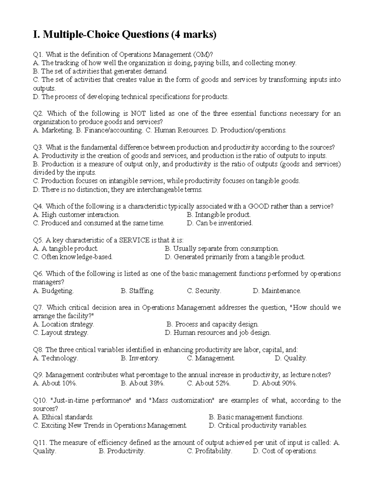 Test Giữa Kỳ - Operations Management Multiple Choice Questions - Studocu