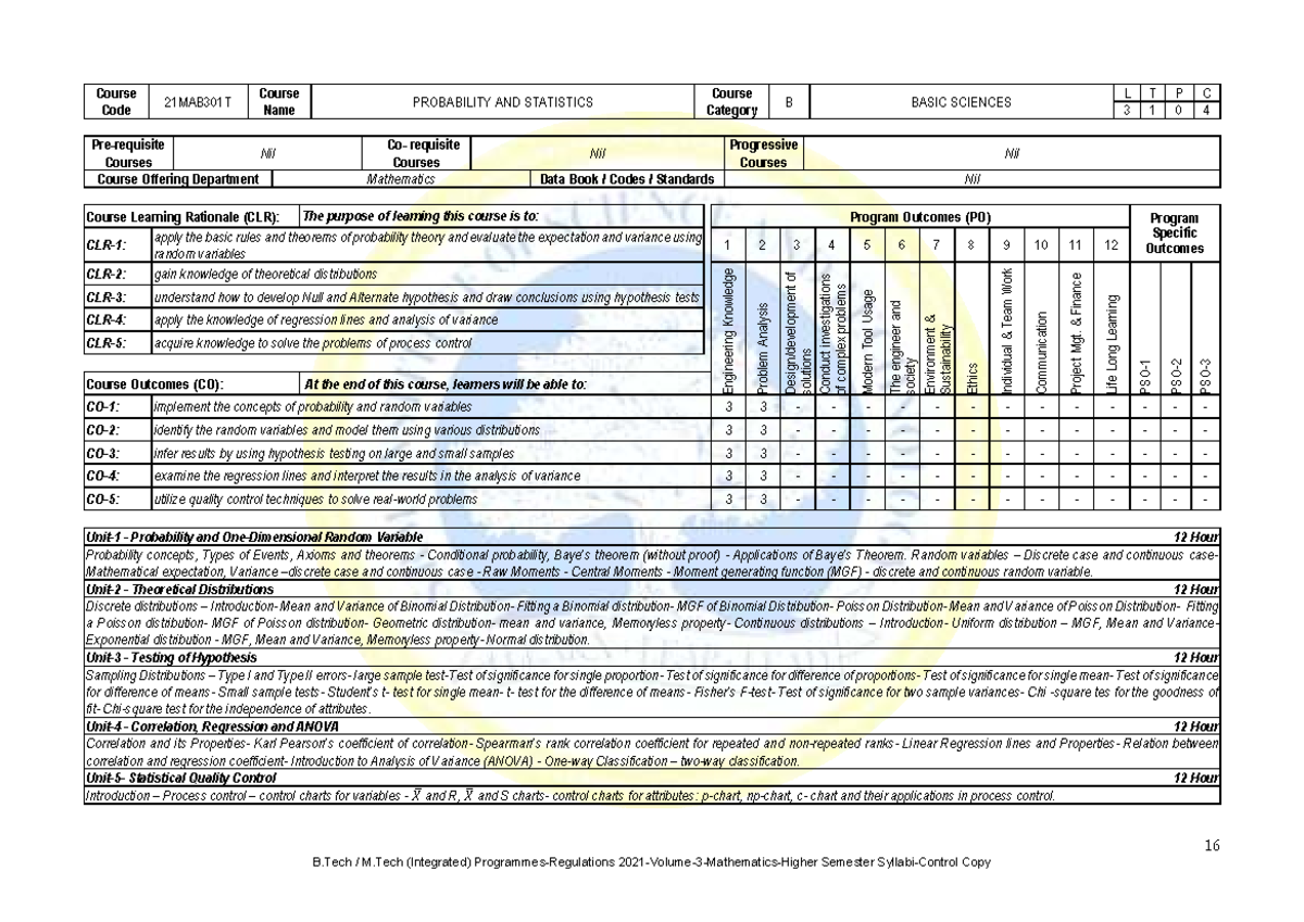 21MAB301T - Probability and Statistics Exam Preparation Notes - Studocu