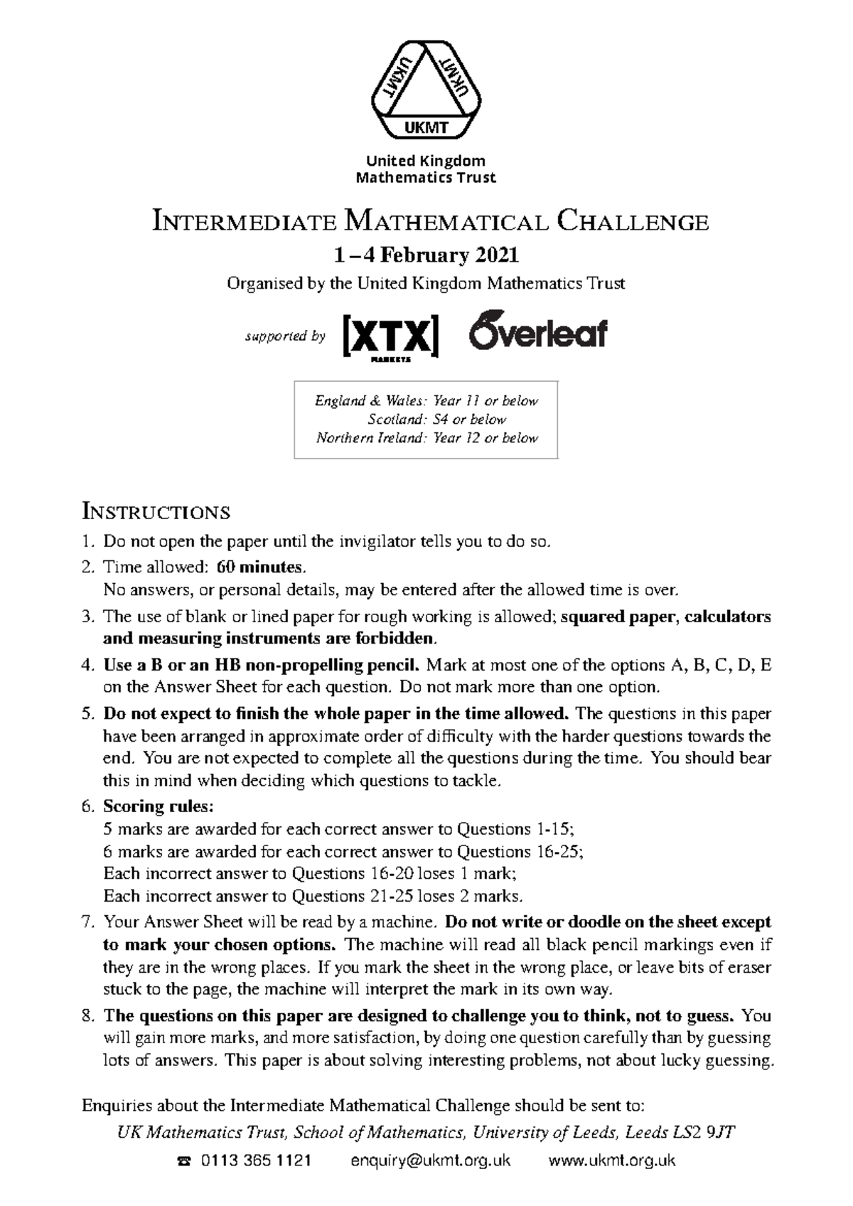 IMC 2021 - UK Mathematics Trust Intermediate Challenge Questions - Studocu