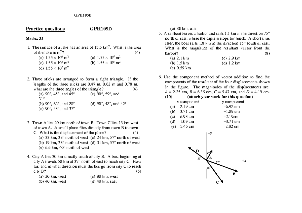 GPH105D Vectors Worksheet - Practice Questions and Solutions - Studocu