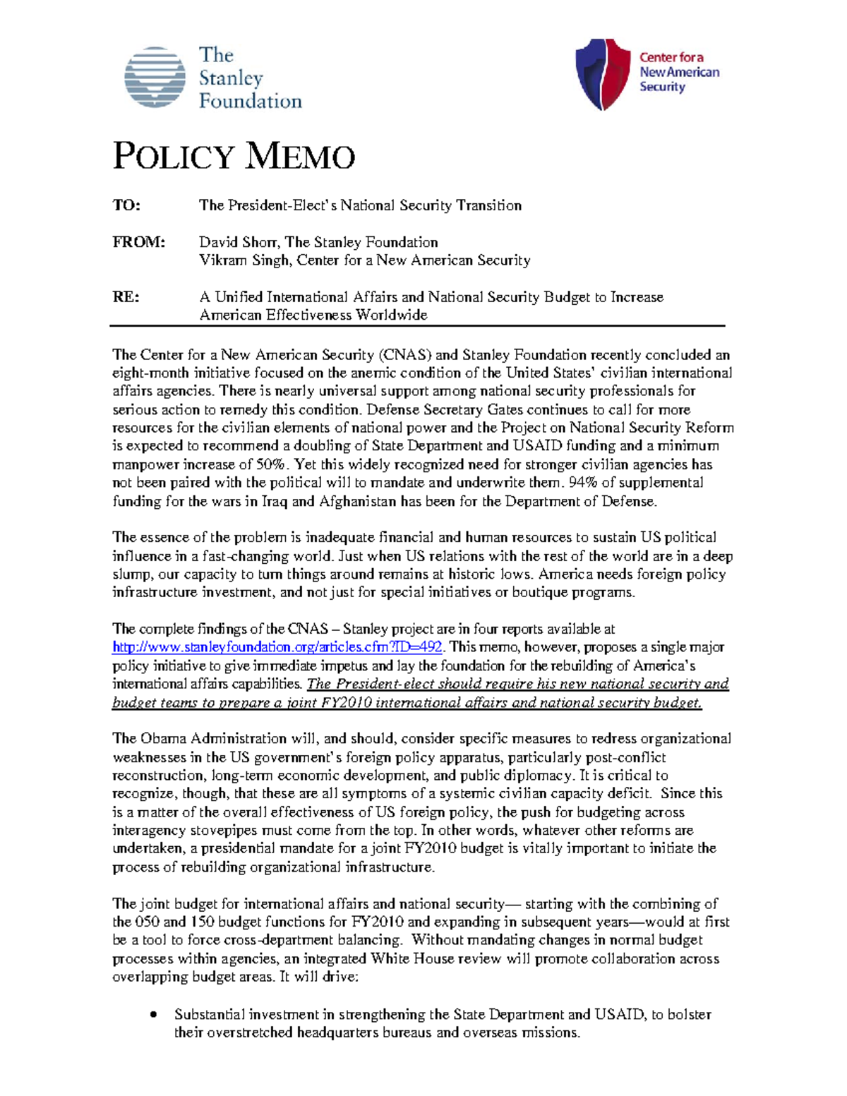 Policy Memo Sample: Unified National Security and Affairs Budget ...