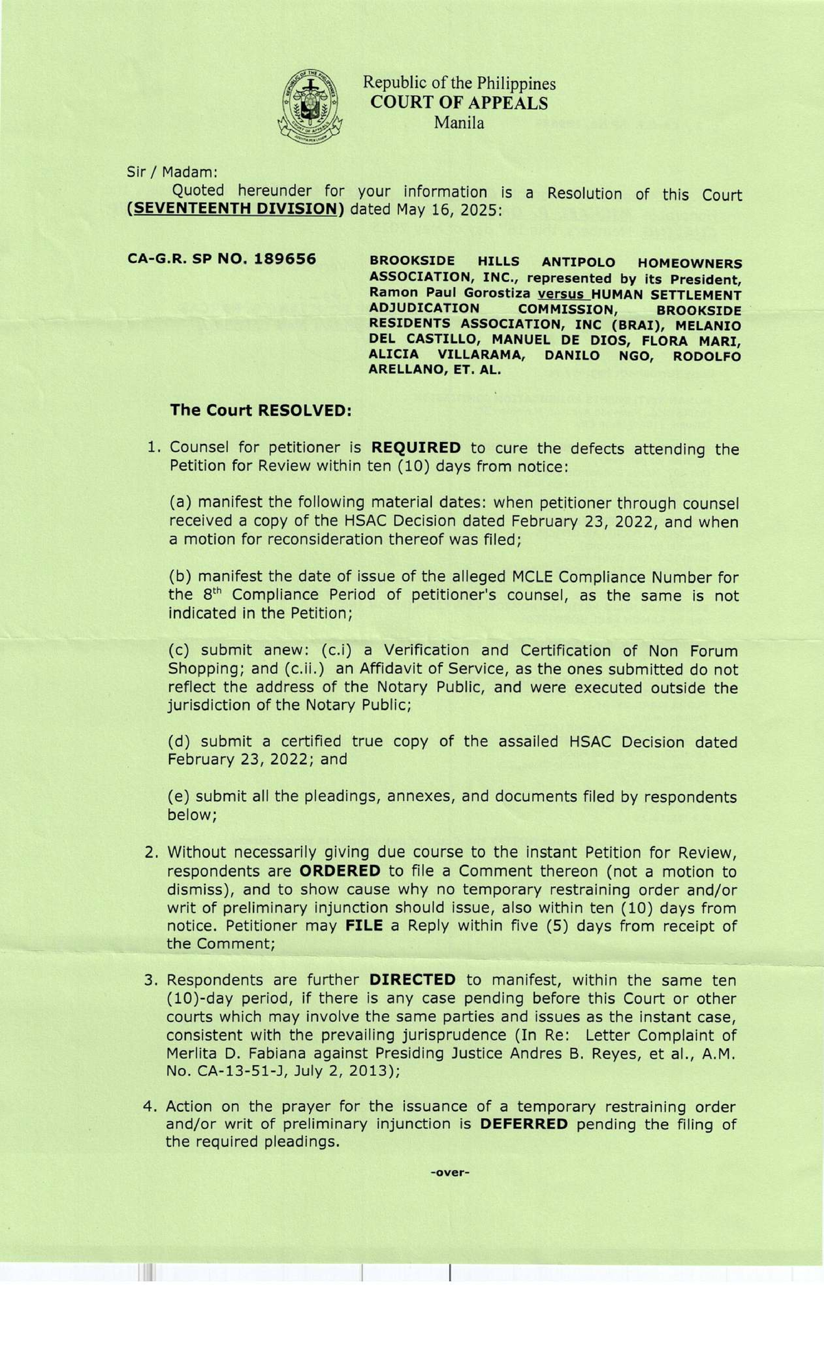 Court Resolution SP No. 189656: Brookside Hills vs. HSAC - Studocu