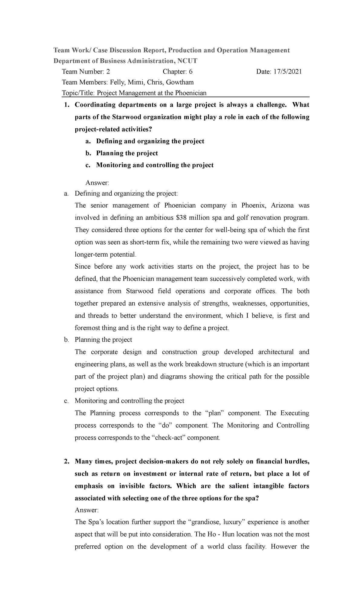Case Study: Project Management Analysis at Phoenician (POM 101) - Studocu