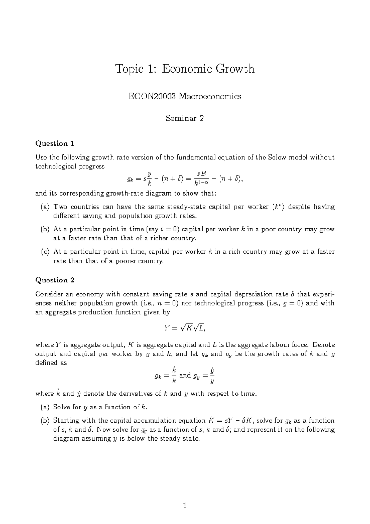 ECON2000 3 Topic 1 S2 - Macroeconomics Seminar Notes on Economic Growth ...