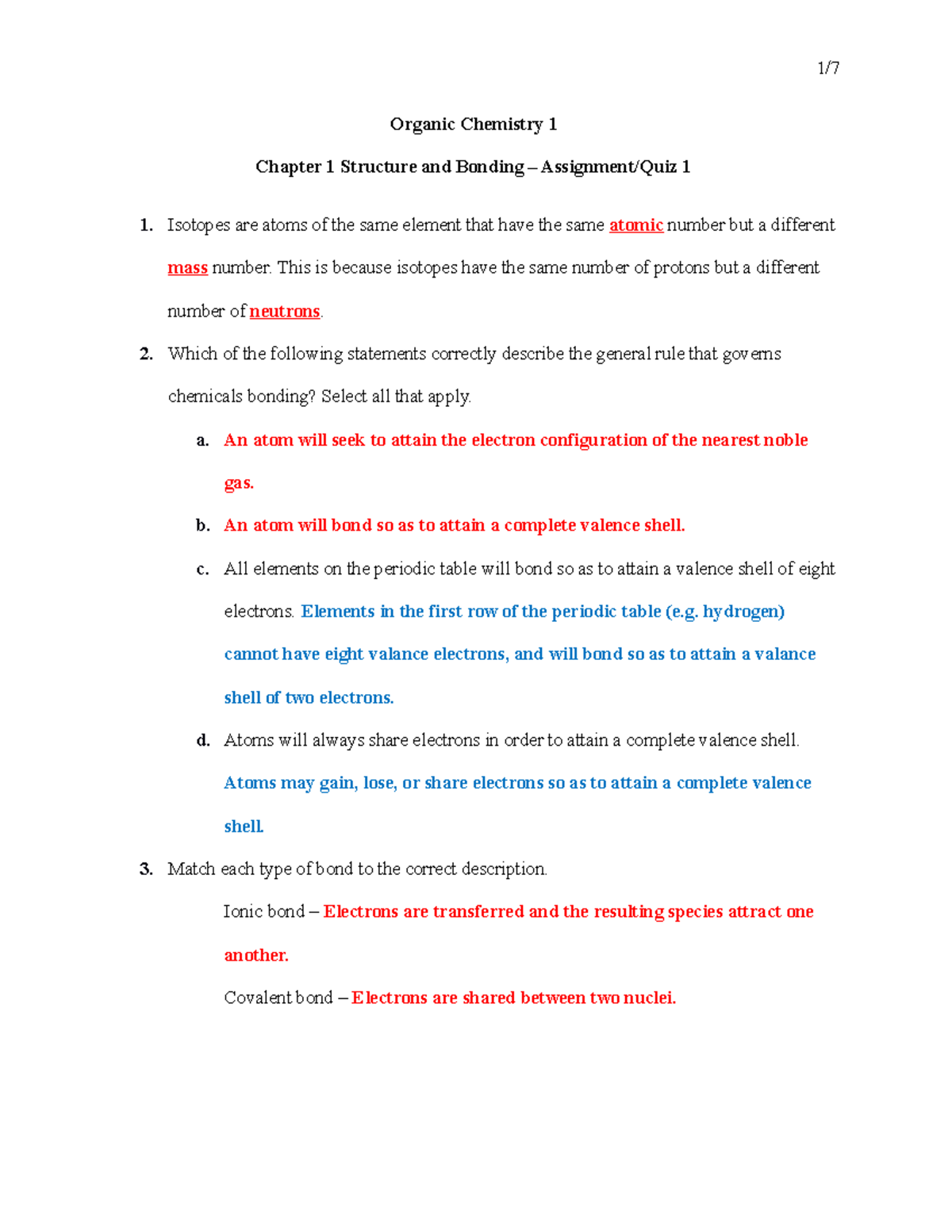 Organic Chemistry 1 Chapter 1 Structure and Bonding – Assignment Quiz 1 ...