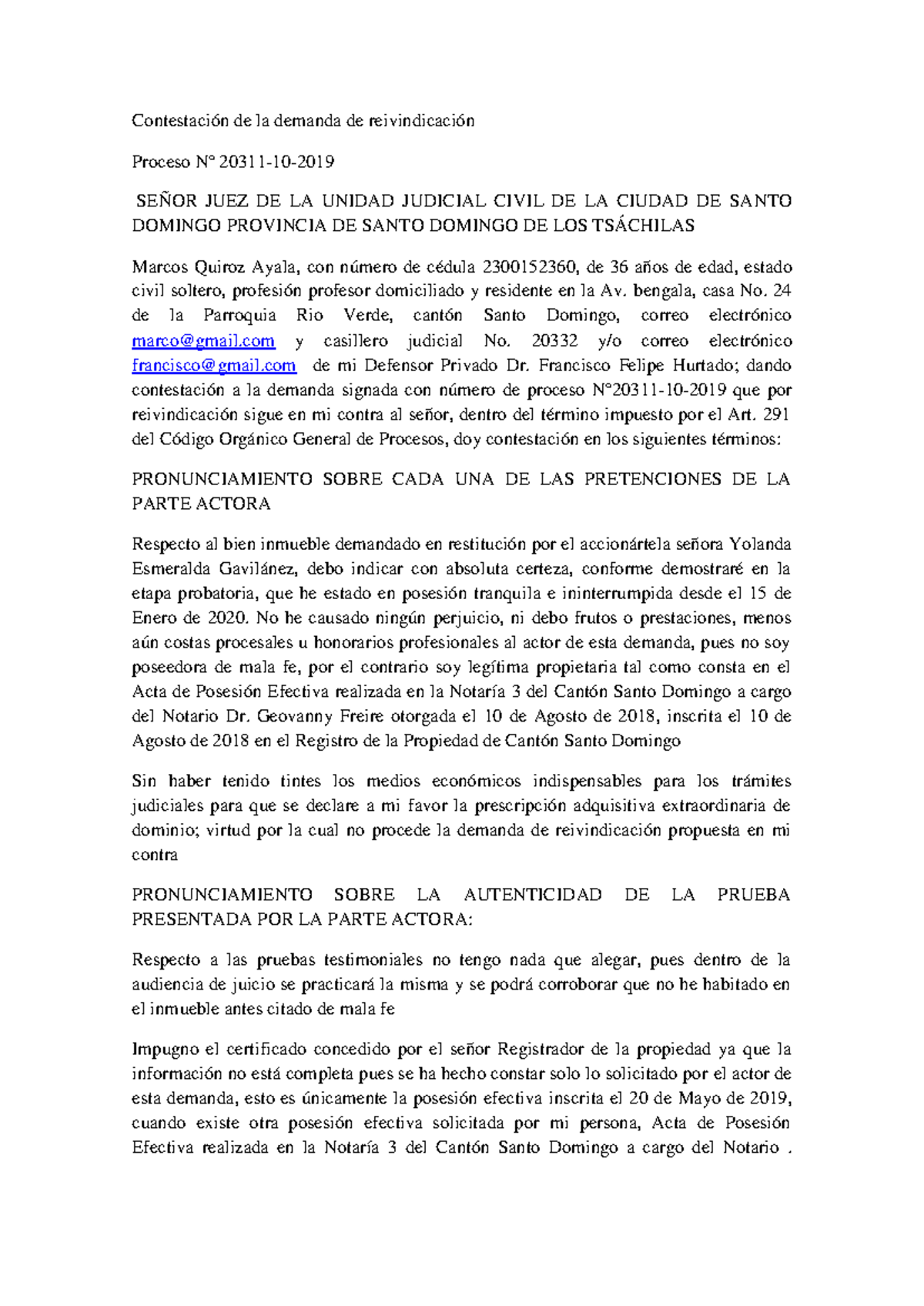 Contestación a la Demanda de Reivindicación - Tarea Derecho Civil - Studocu