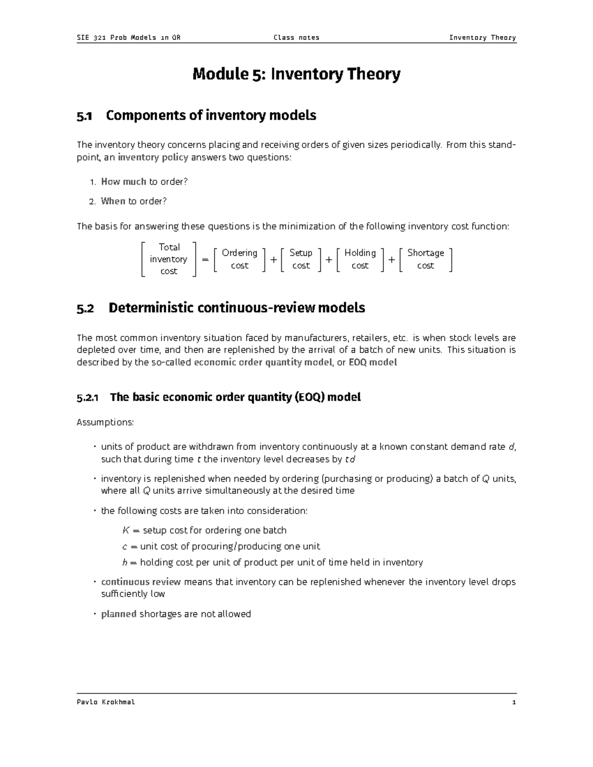 SIE 321 Class Notes: Inventory Theory - Module 5 Overview - Studocu