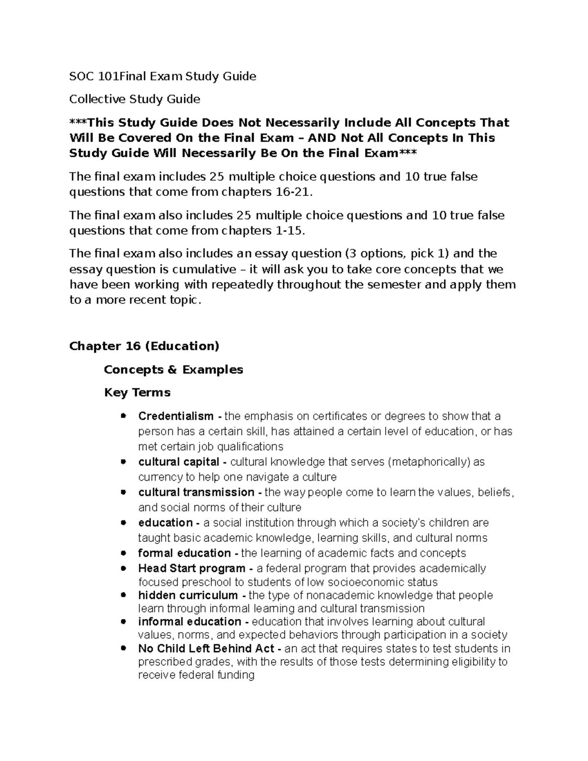 SOC 101 Final Exam Study Guide: Key Concepts from Chapters 1-21 - SOC ...