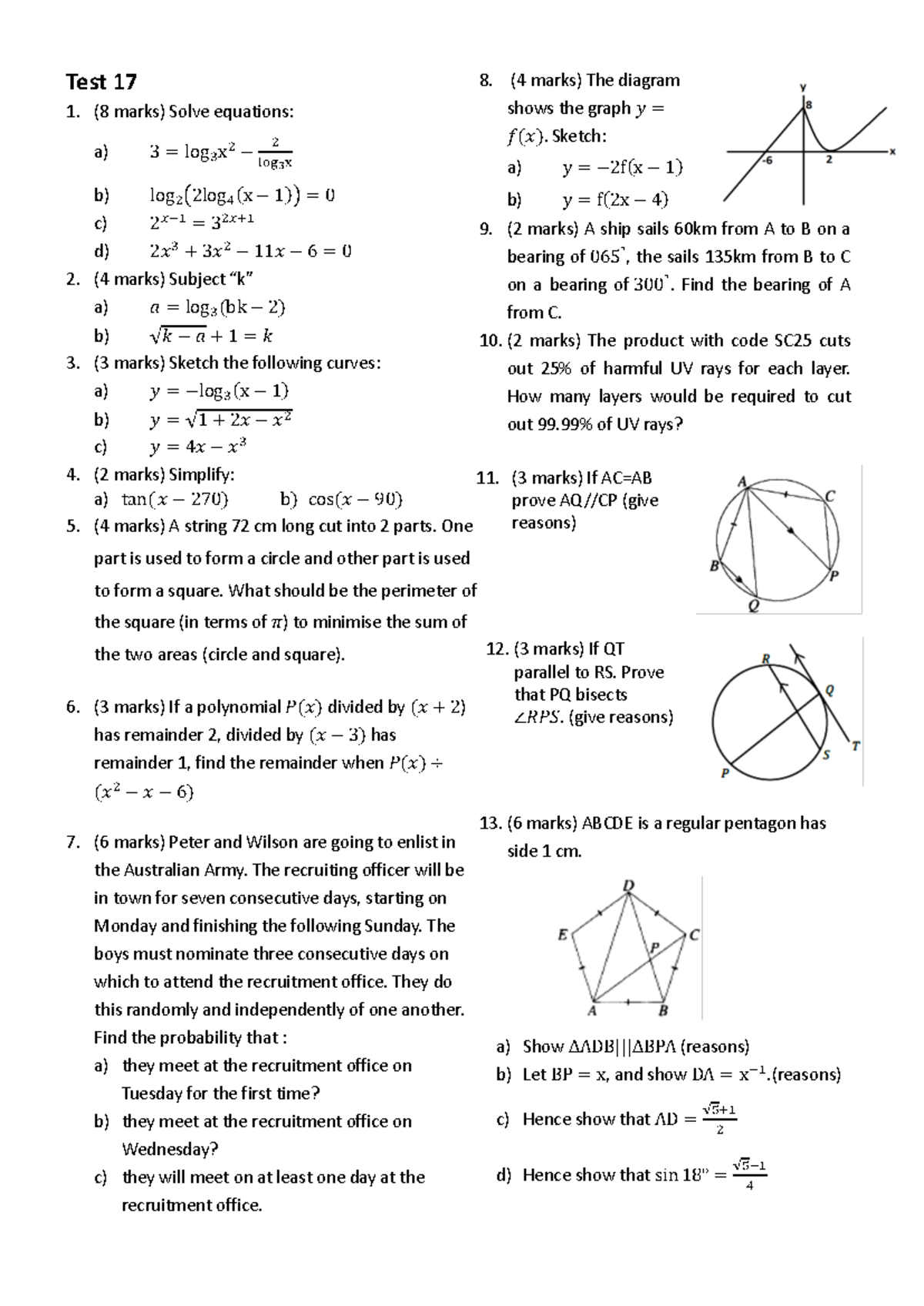 math ext 2 worksheet - Test 17 ( 8 marks) Solve equations: a) 3 = log ...