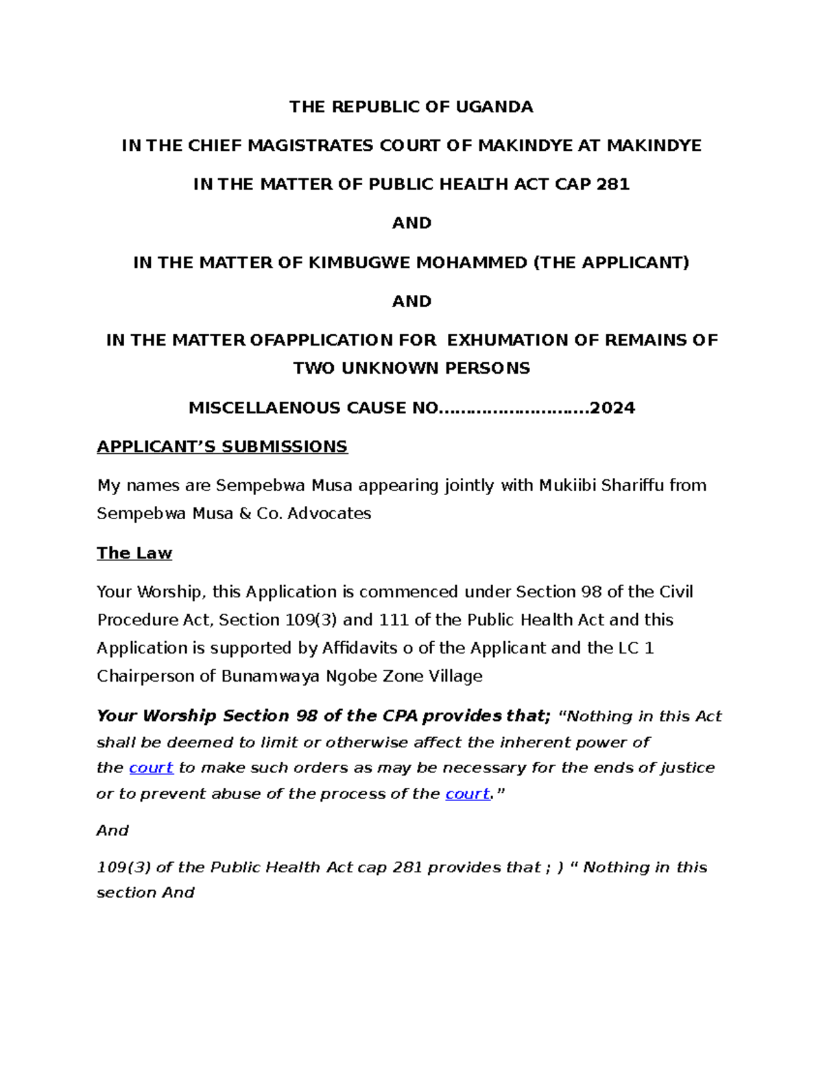 Application for Exhumation of Remains - Miscellaneous Cause 2024 - Studocu