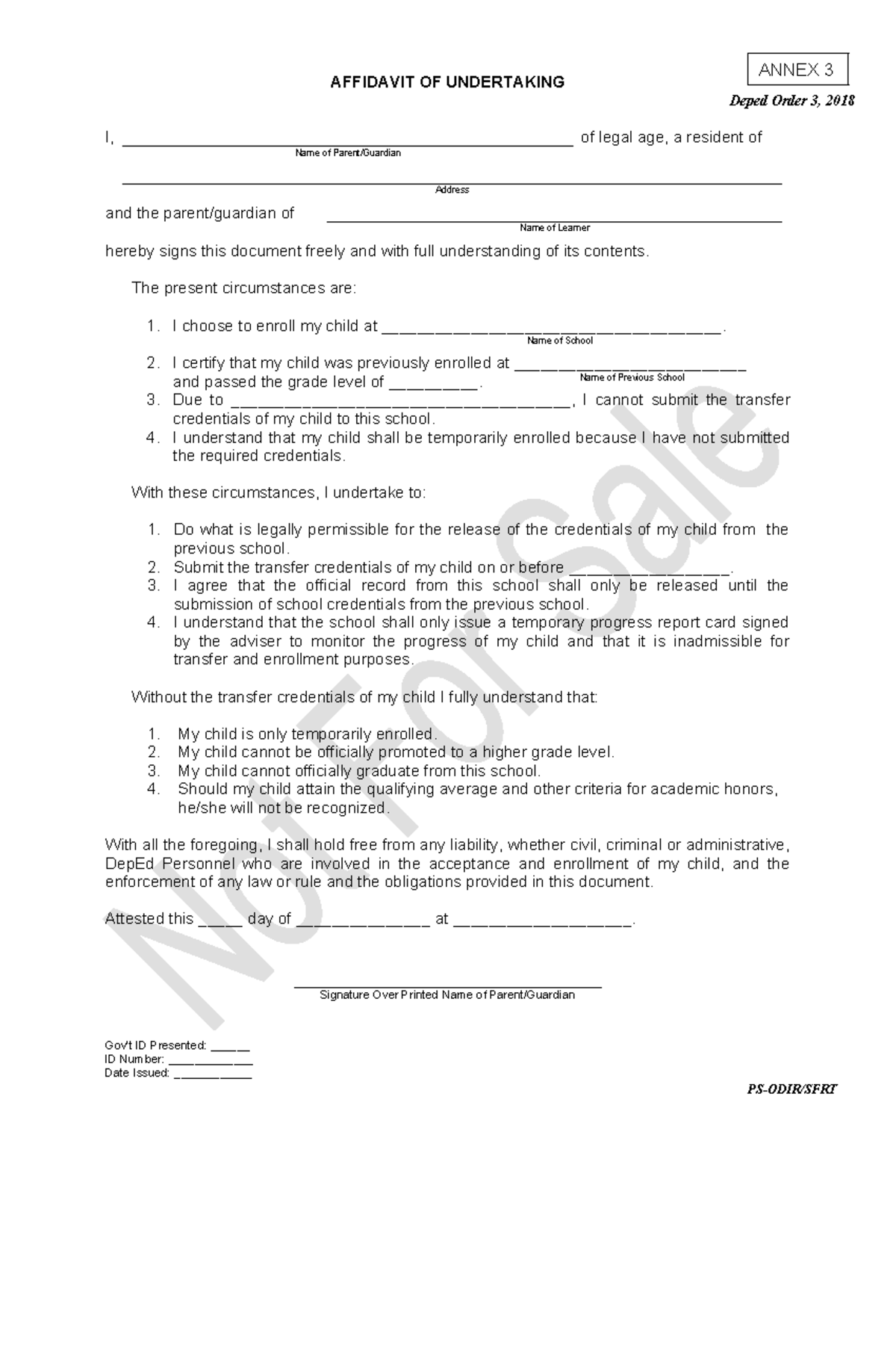 Annex 3: Affidavit of Undertaking - DO 3, 2018 for Enrollment - Studocu