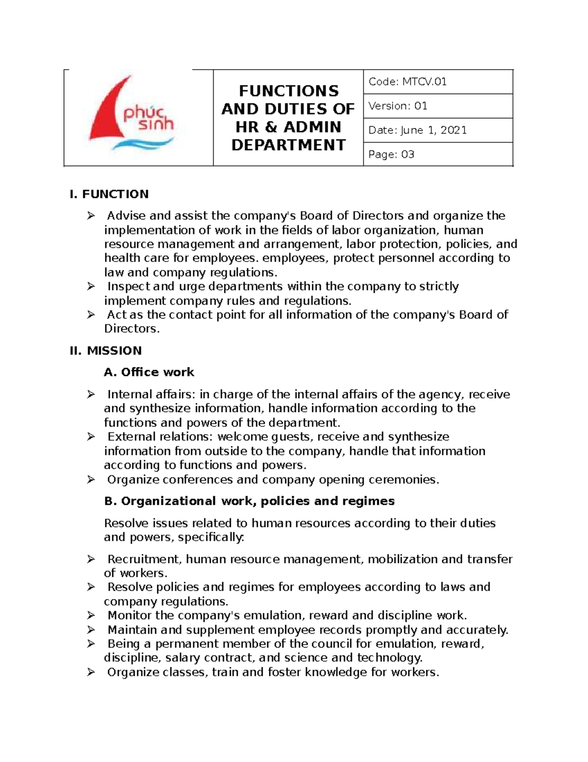 Functions of HR Admin Department - MTCV.01 Overview - Studocu