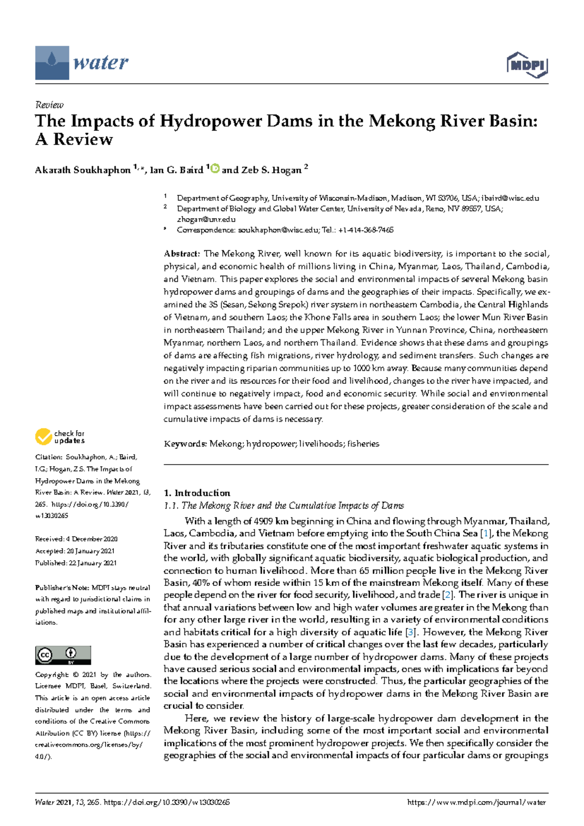 Water 13-00265: Examining the Social and Environmental Impacts of ...