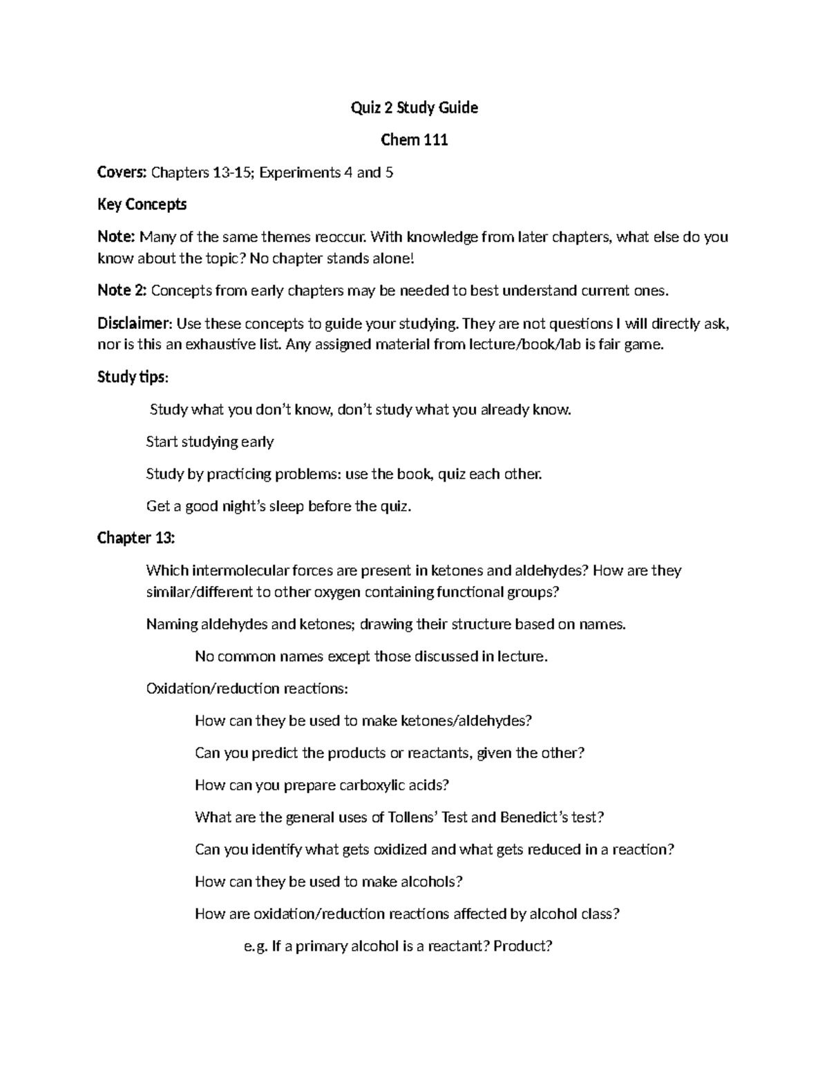 Chem 111 Quiz 2 Study Guide: Key Concepts from Chapters 13-15 - Studocu