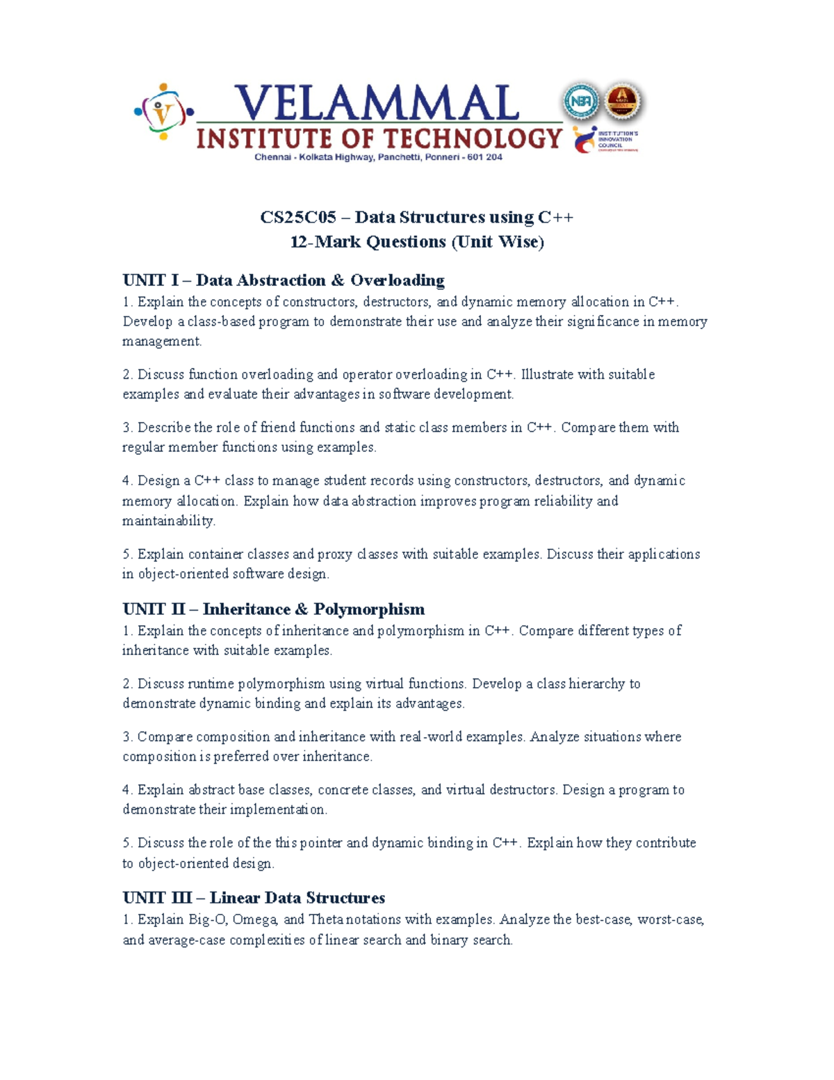 CS25C05 Data Structures: Unit Wise Big Questions & Answers - Studocu