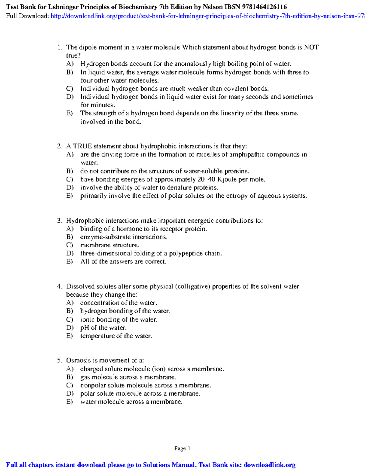 Test bank for lehninger principles of biochemistry 7th
