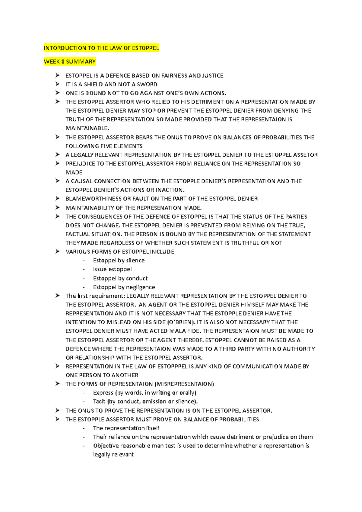 Week 8 Summary: Introduction to Estoppel Law Concepts - Studocu