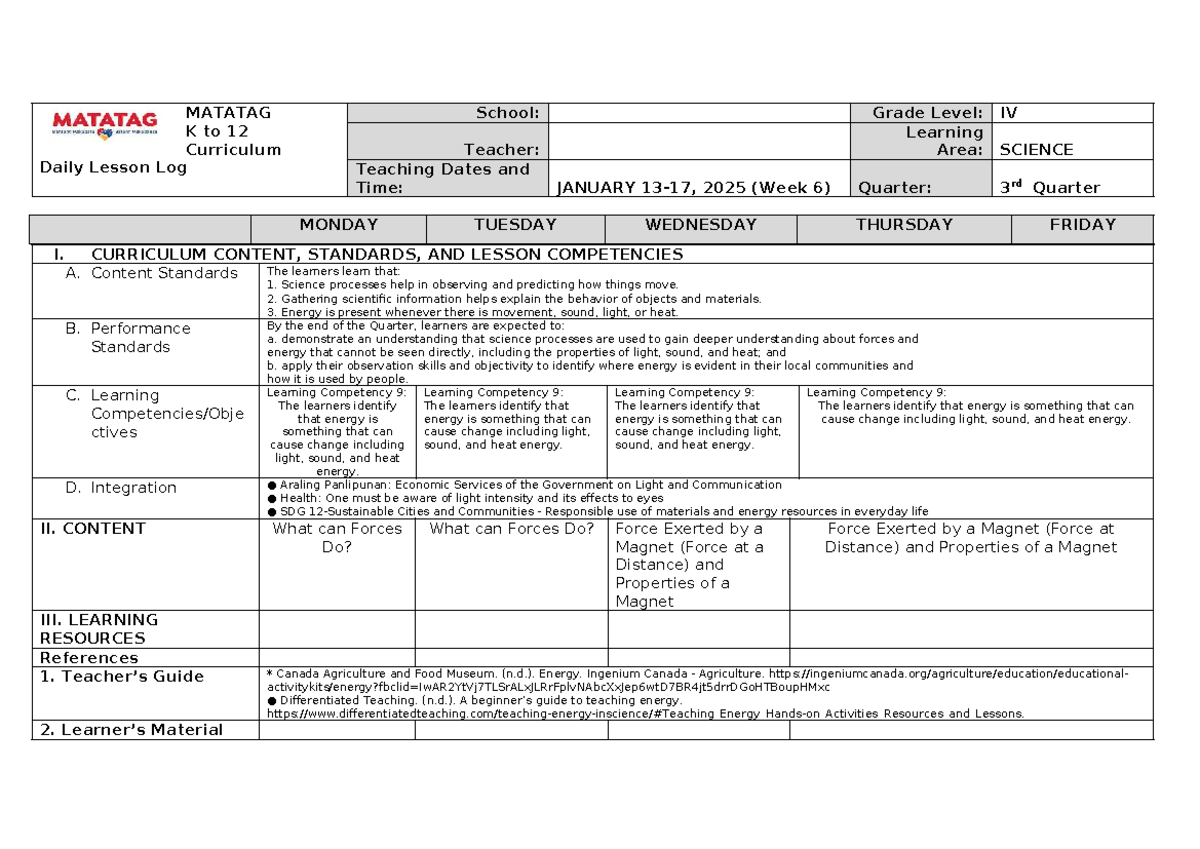 Matatag K to 12 Curriculum Daily Lesson Log: Science G4 Q3 Week 6 - Studocu