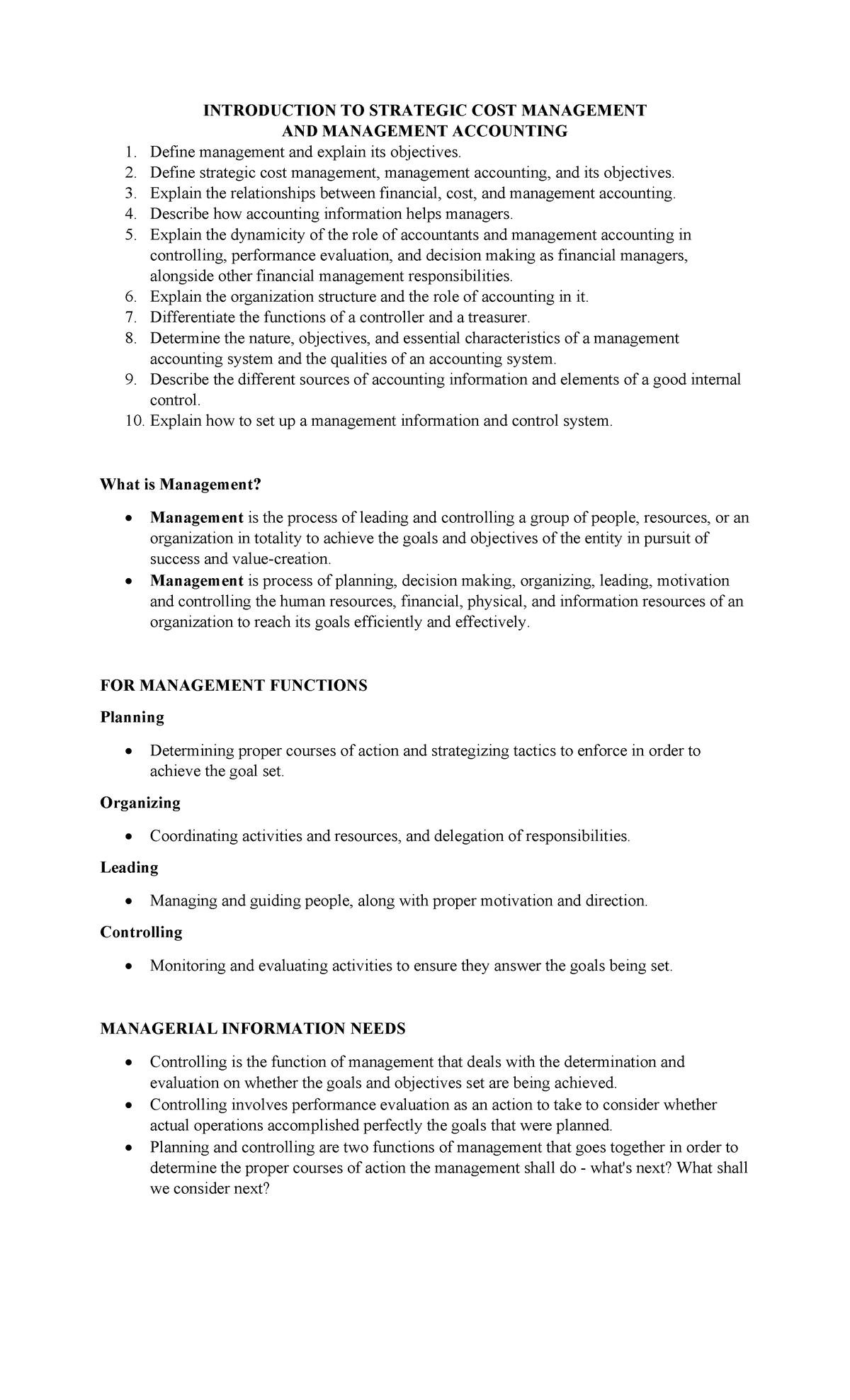 Lecture Notes #1: Intro to Strategic Cost Mgmt & Management Accounting ...