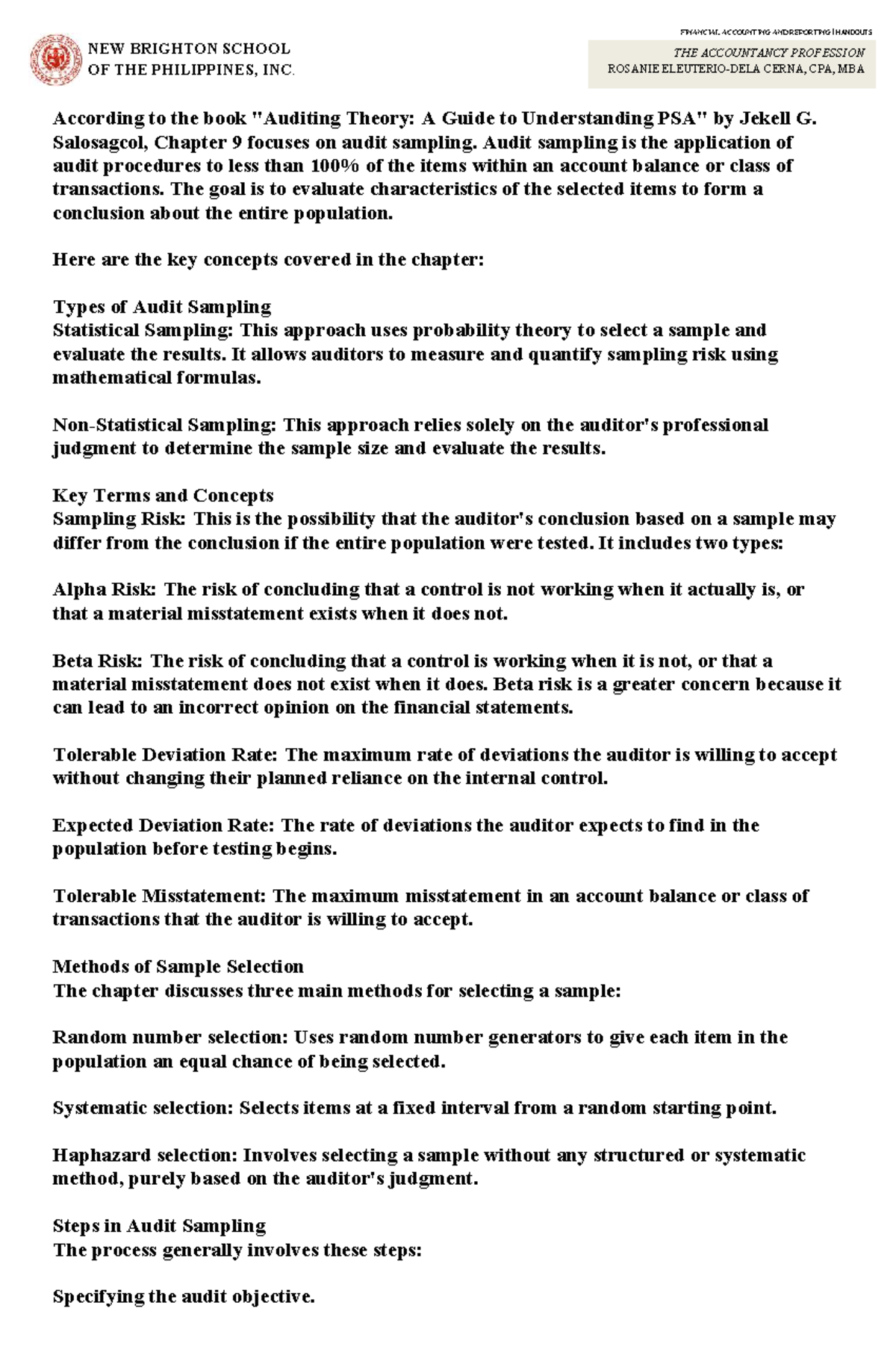 FINANCIAL ACCOUNTING AND REPORTING l AUDIT SAMPLING HANDOUTS - Studocu