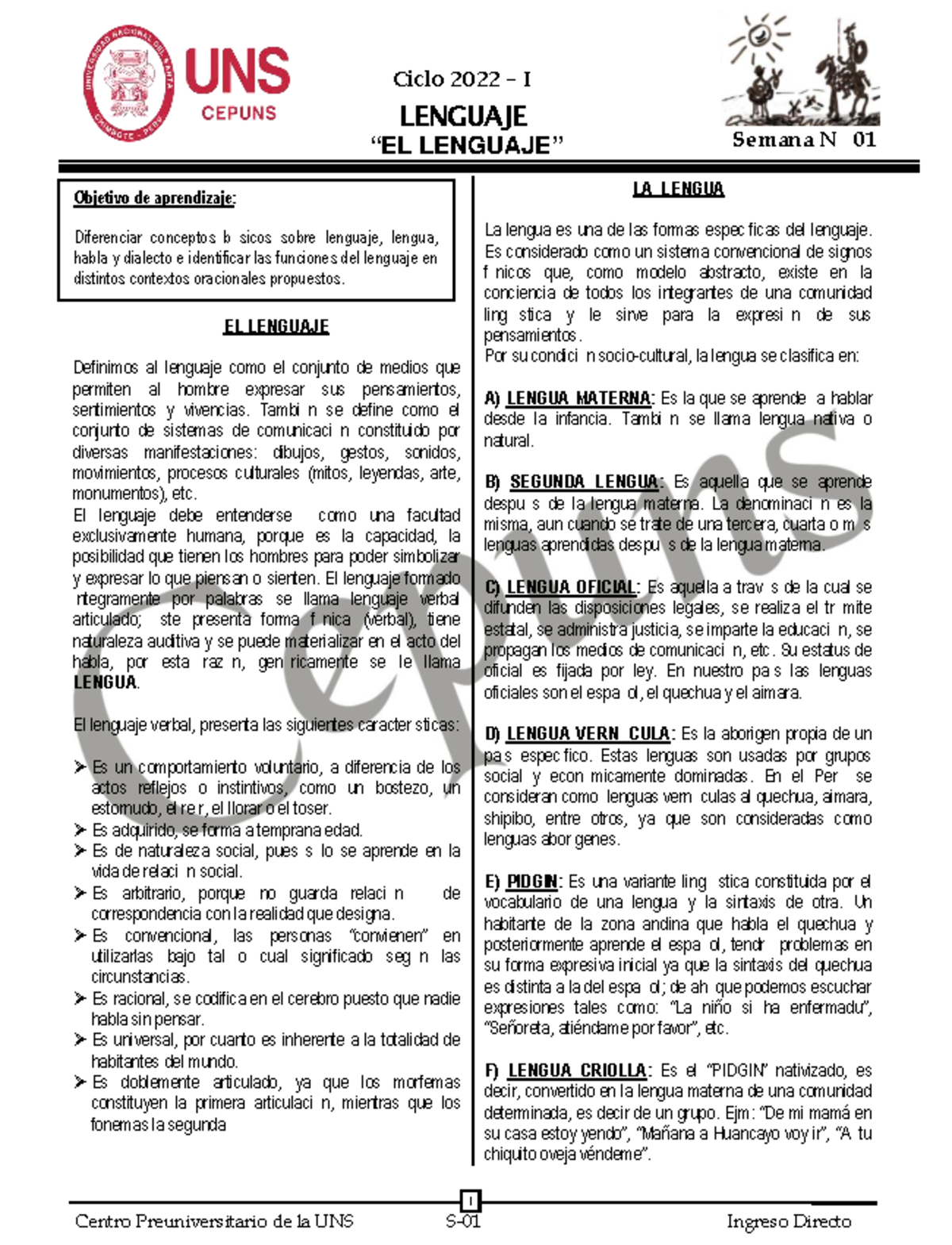 LENGUAJE 2022 I - Semana 01: Introducción a la Lengua y Funciones - Studocu