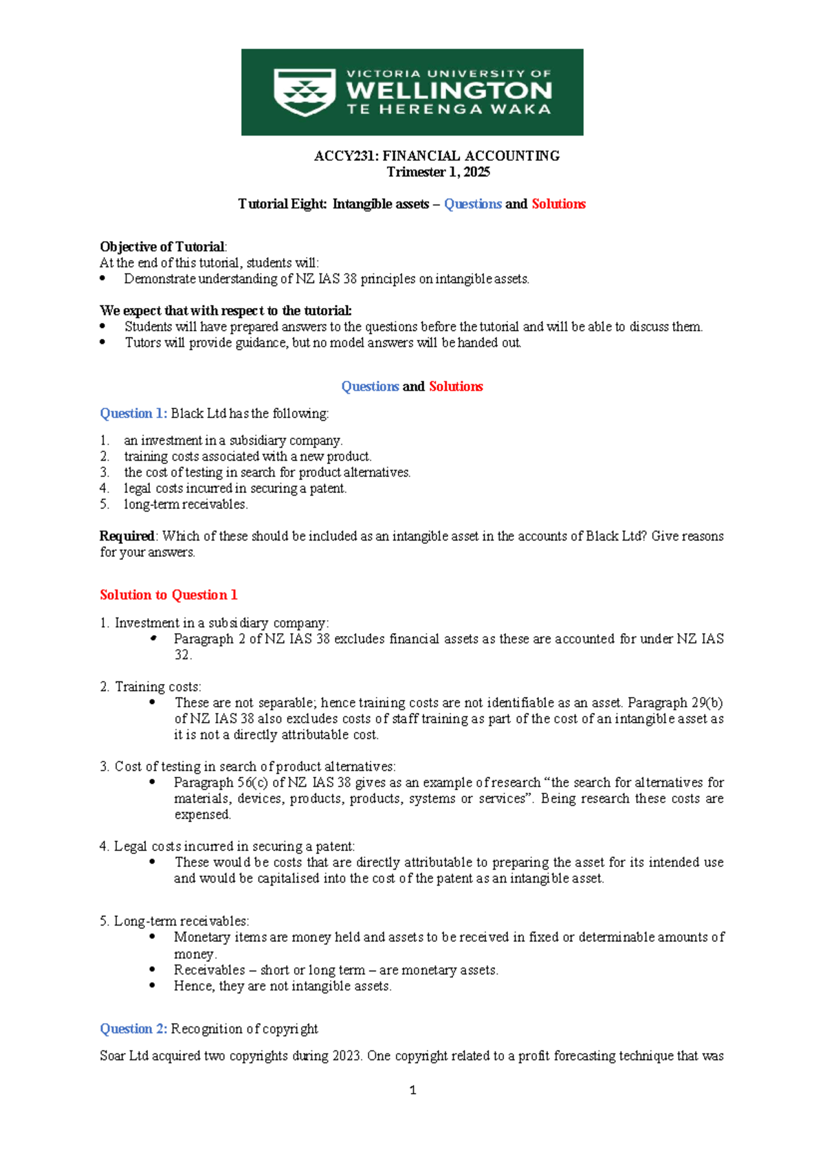 ACCY231: Financial Accounting T1 2025 Tutorial 8 - Intangible Assets Q ...