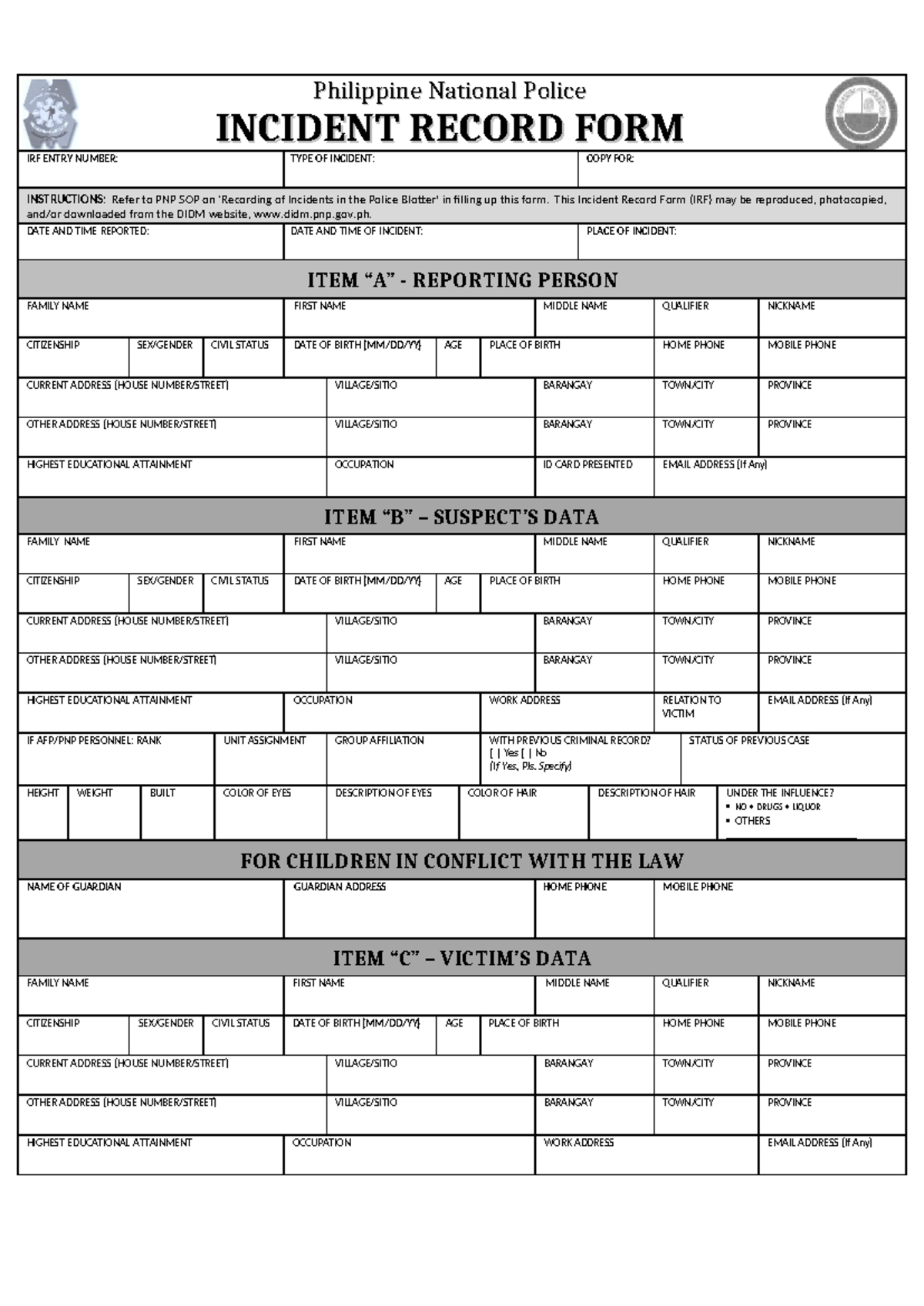 Philippine National Police Incident Record Form Template - Studocu