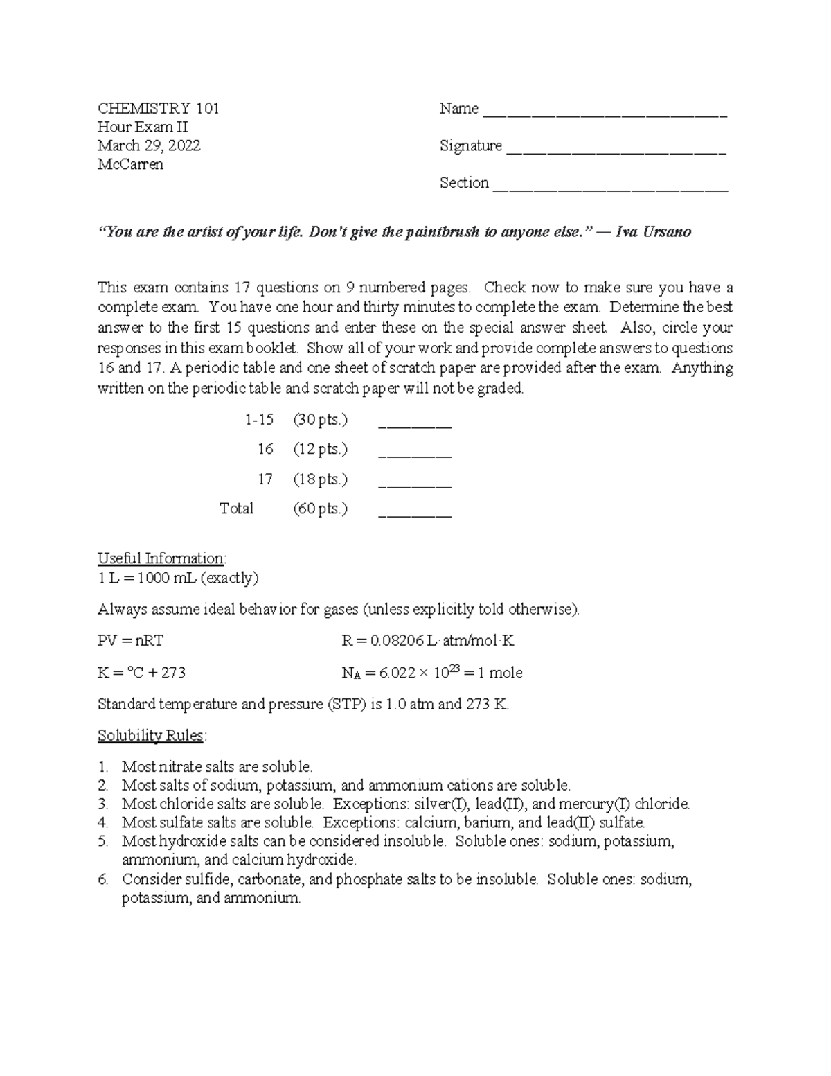 Chemistry 101 Hour Exam II Spring 2022 - Studocu